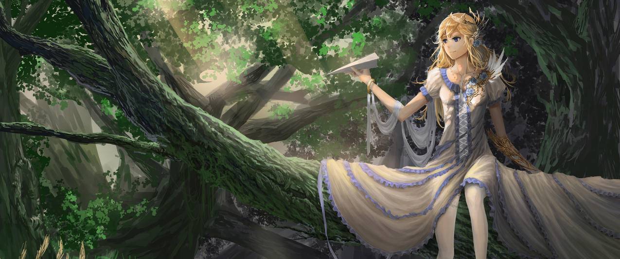 一个女孩纸飞机森林大树带鱼屏高清壁纸