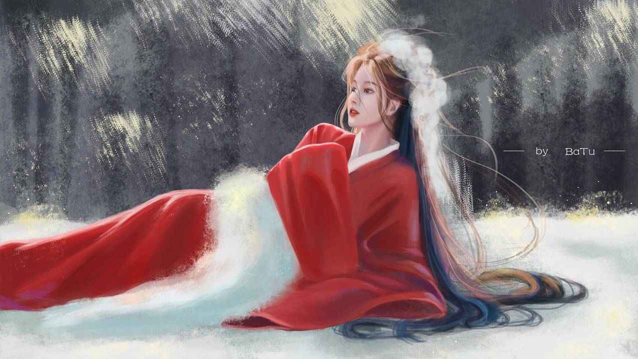 巴图BaTu 阳光 雪地森林 古风红装女孩 白毛披肩 5K精选动漫高清壁纸
