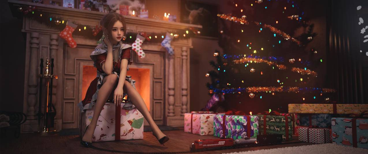 女仆 美腿 高跟鞋 3D 圣诞树 灯 礼物 袜子 玩具火车3440x1440带鱼屏高清壁纸