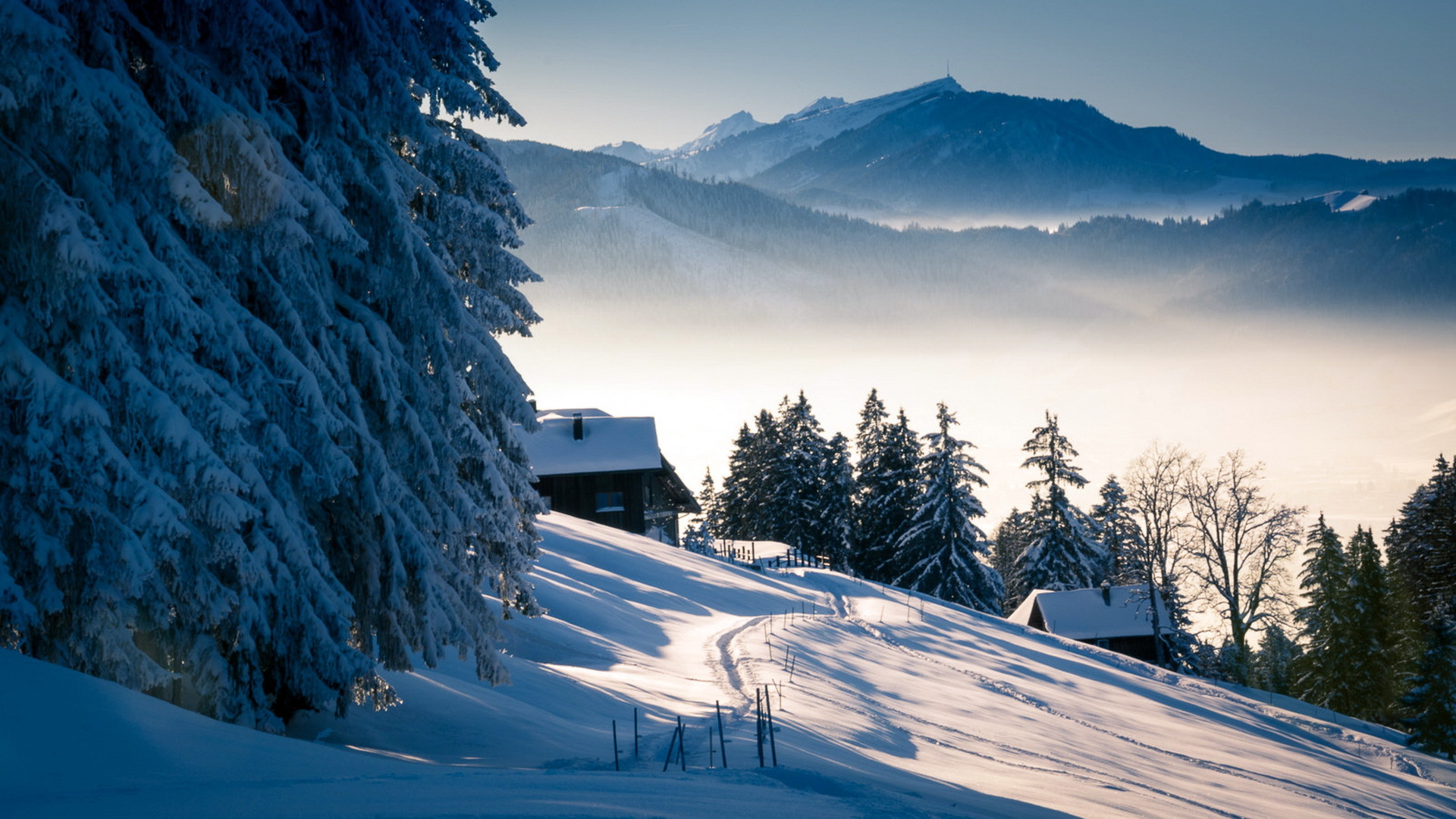 冬天，山，树，雪景，路，房子，风景桌面高清壁纸