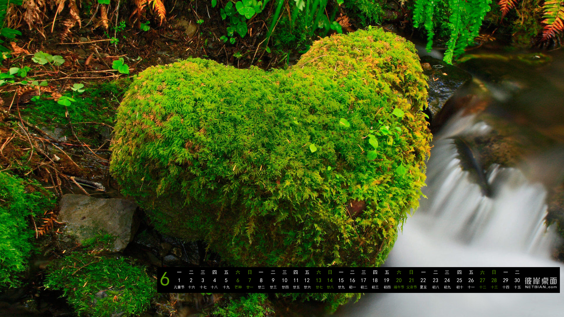 彼岸2015年6月日历桌面高清壁纸 小溪流水，石头，爱心，苔藓，绿色植物，自然风景
