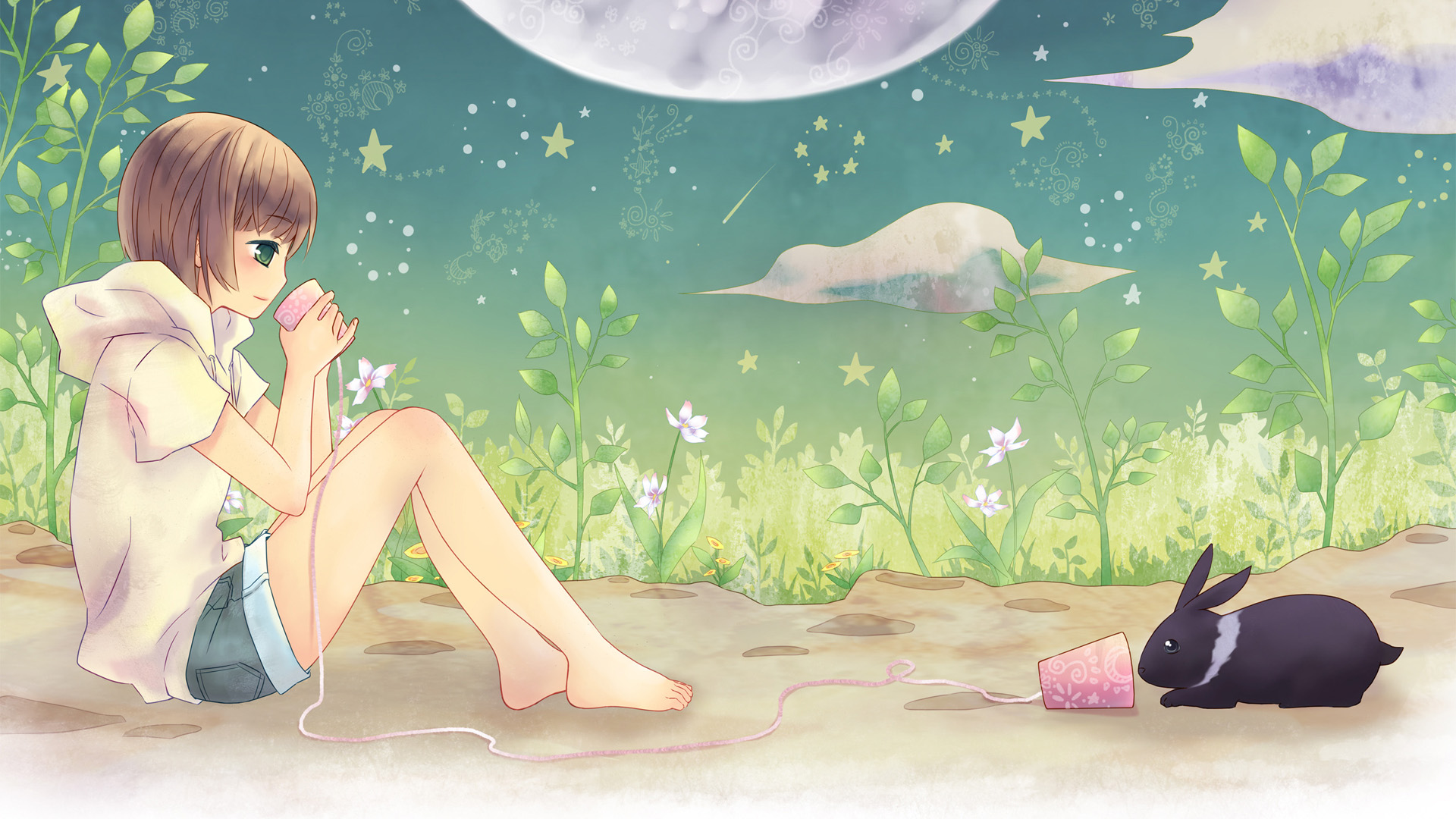 可爱女生兔子夜晚的星星月亮可爱动漫高清壁纸