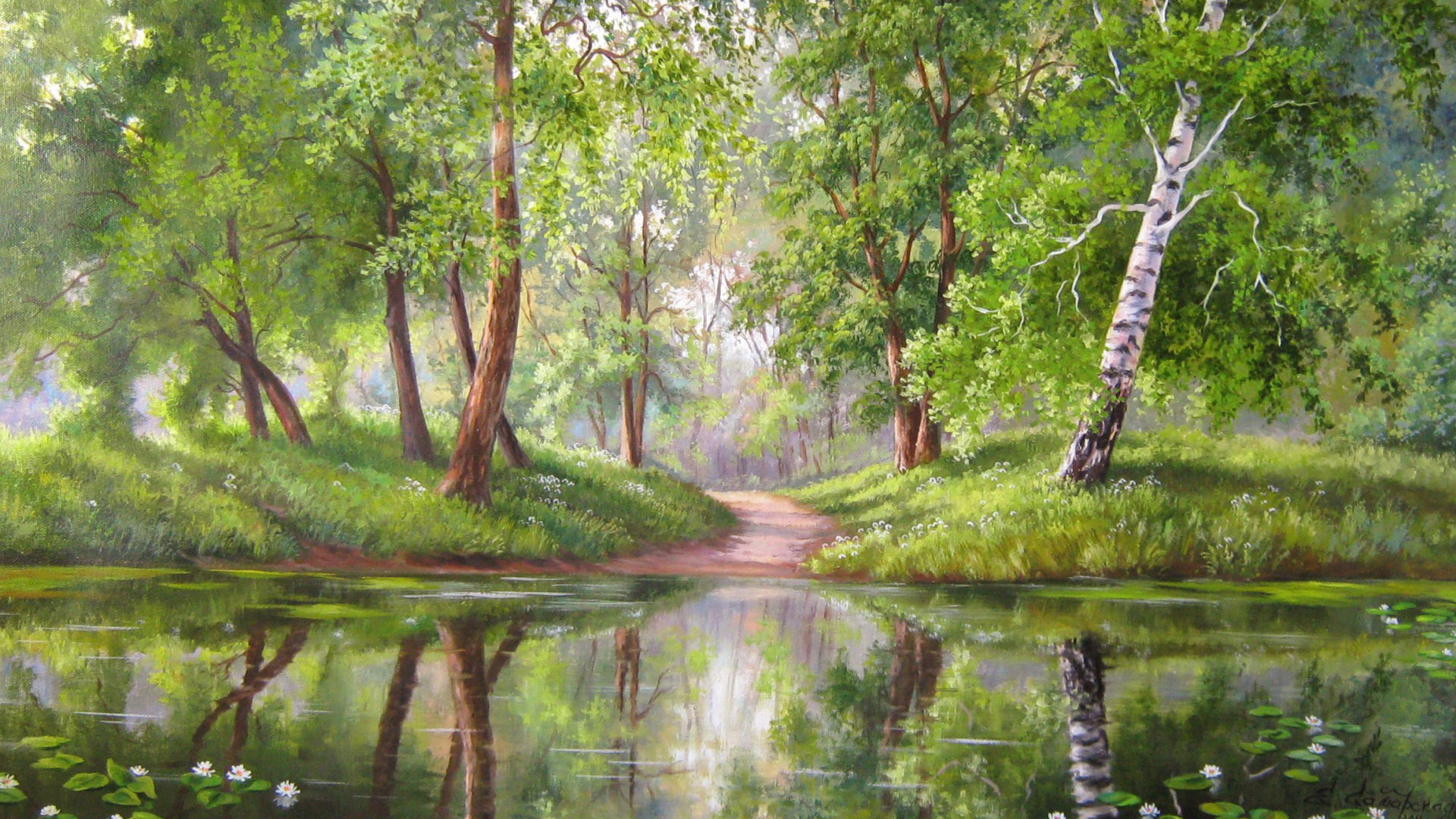 森林小路,绿树,河流,花草高清壁纸