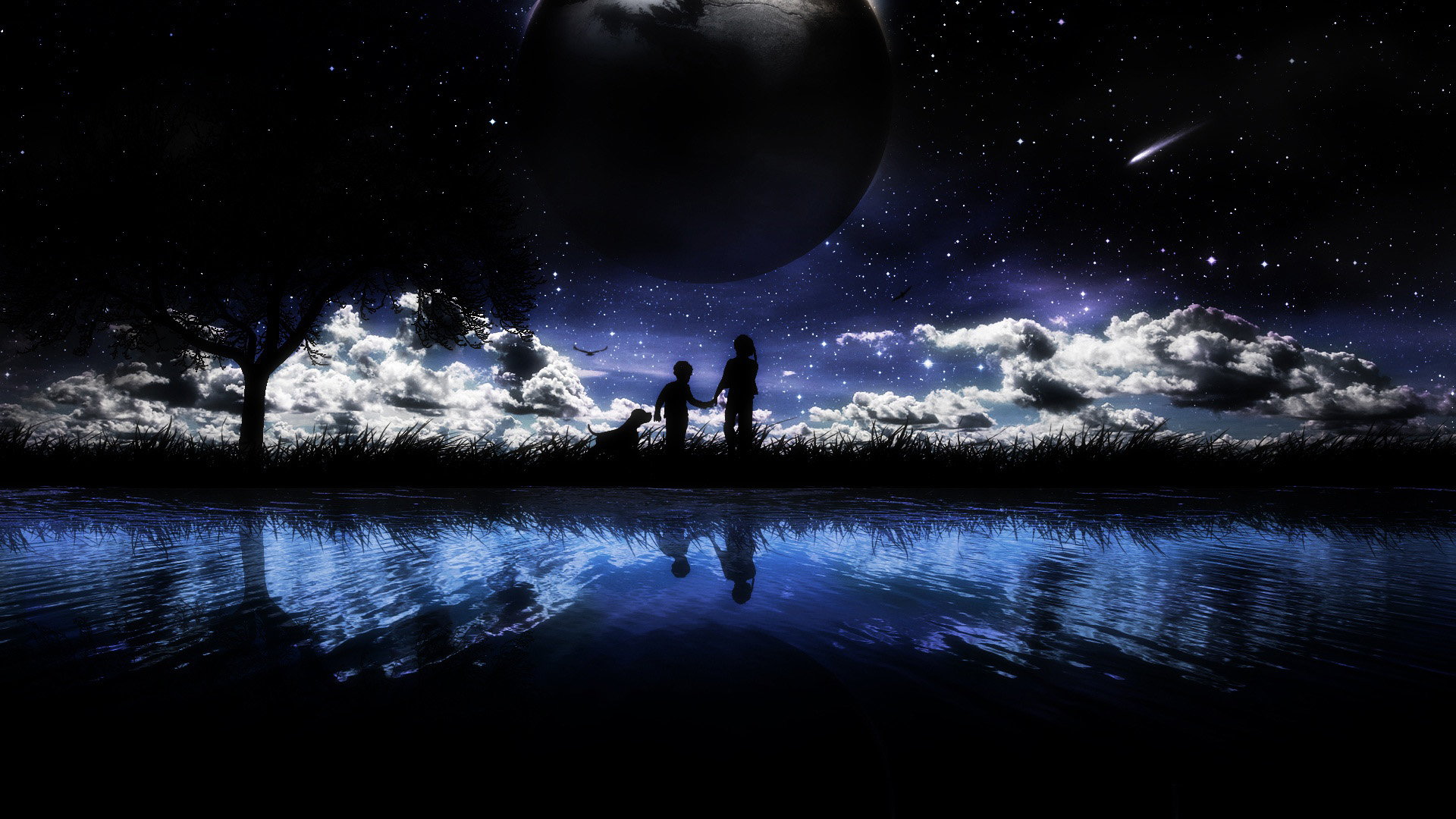 姐弟牵手,小狗,星空,树,夜晚,非主流意境高清壁纸
