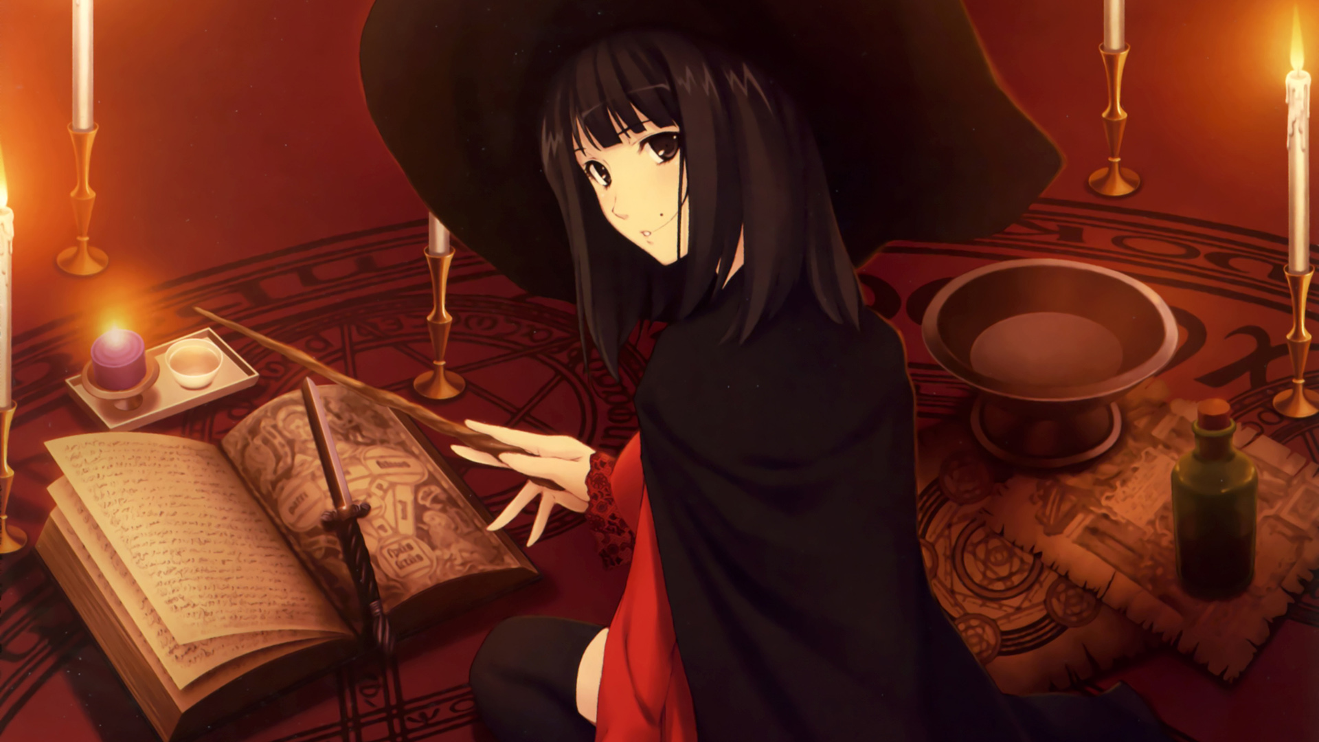 女孩，小魔女，帽子，魔杖，书，蜡烛，动漫桌面高清壁纸