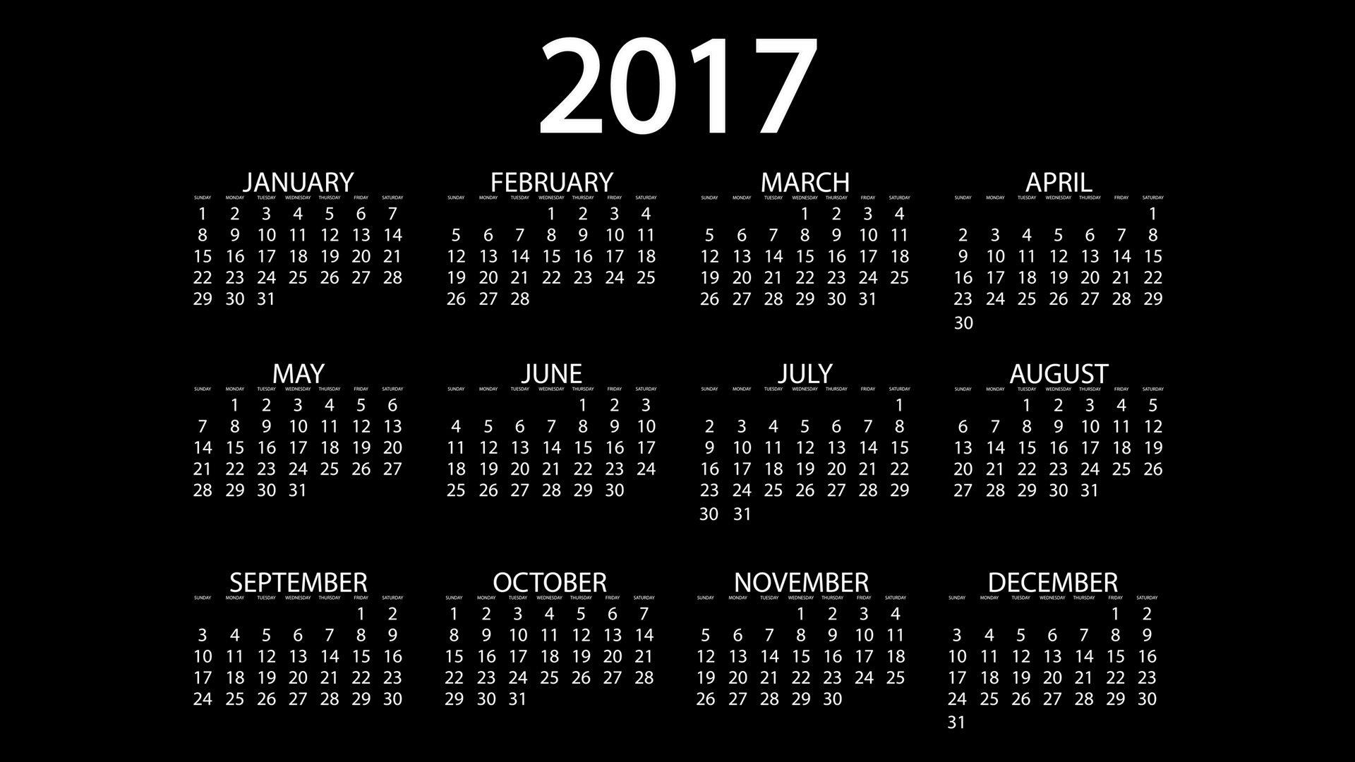 2017年日历黑色背景桌面高清壁纸