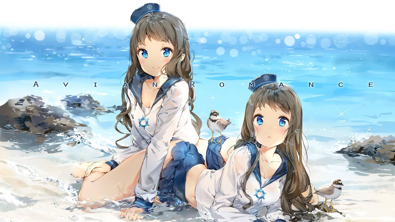 二次元 双胞胎美少女 水手服 海滩 4k动漫高清壁纸 4k手机高清壁纸