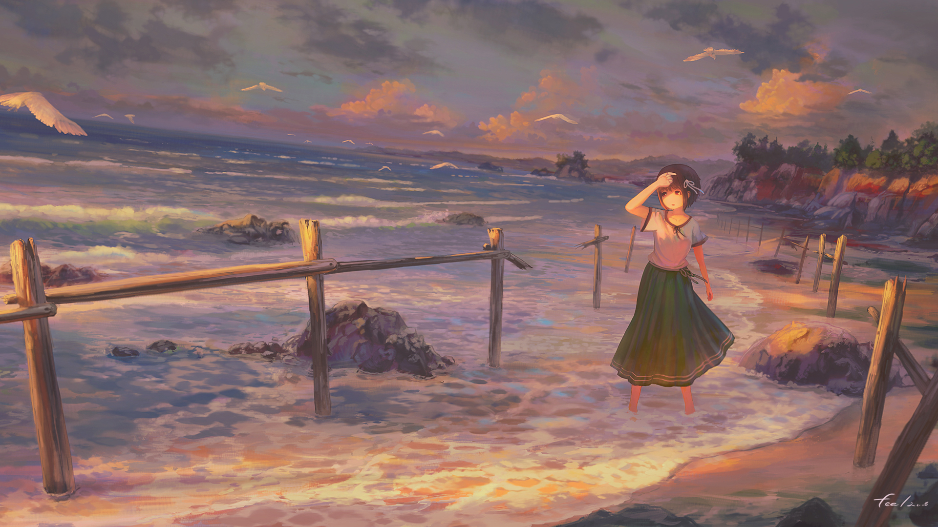 女孩子 海岸夕照风景动漫高清壁纸