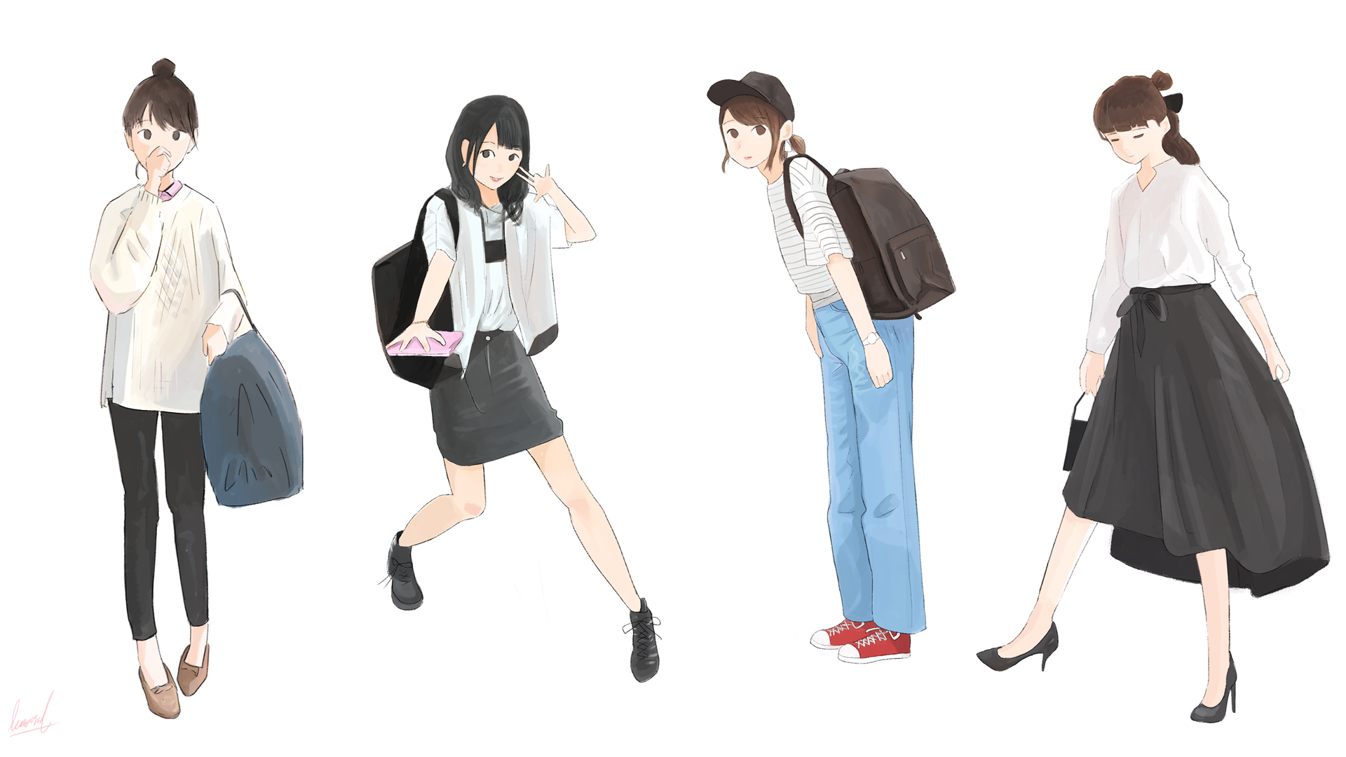 四个可爱时尚女生插画高清壁纸