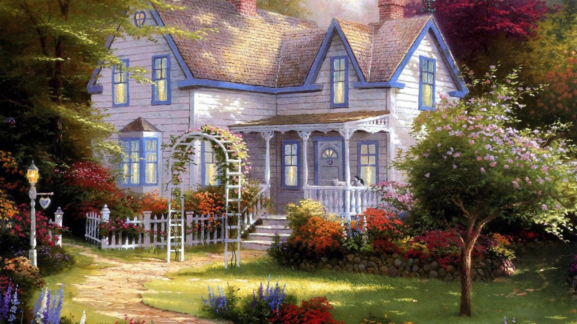 托马斯·金凯德Thomas Kinkade，绘画，温馨花园，林中，家，风景桌面高清壁纸