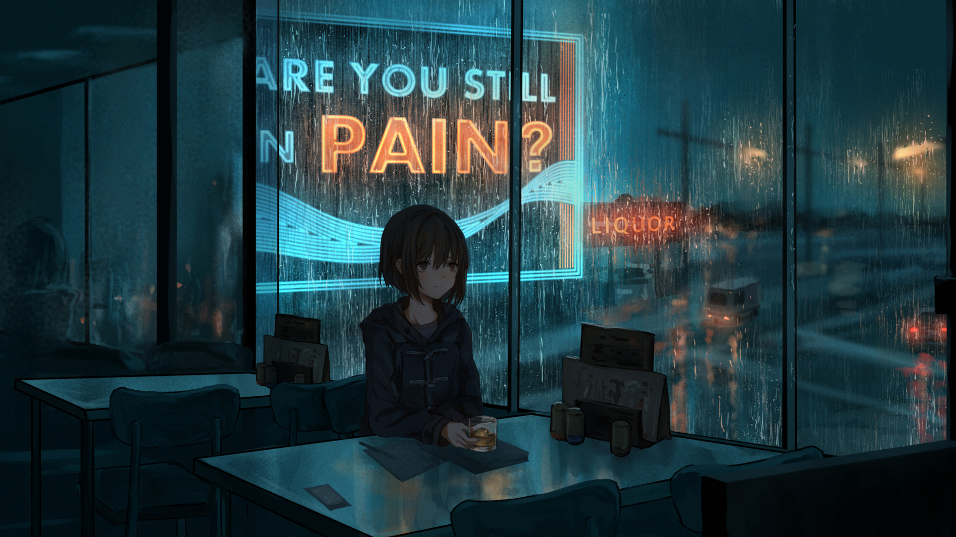 雨天 夜景 玻璃窗 女孩 桌子 动漫高清壁纸