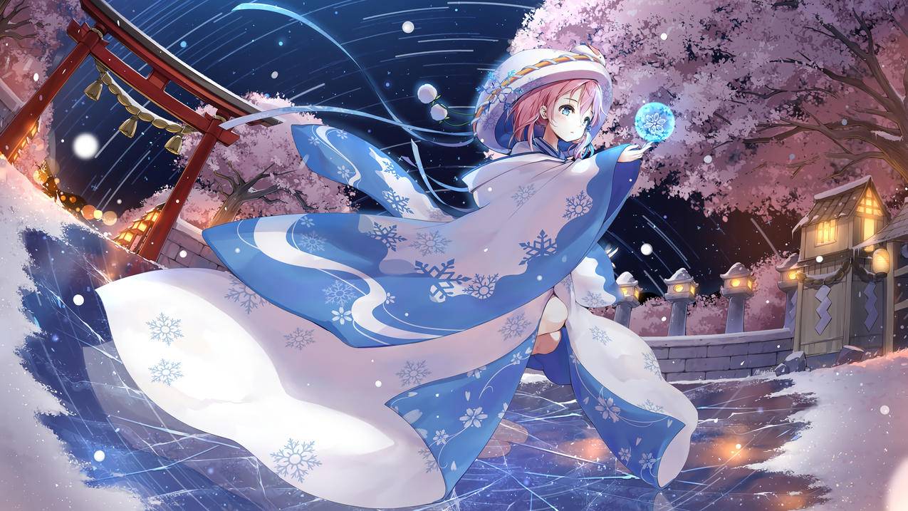 雪女 樱花 星空 4K动漫高清壁纸