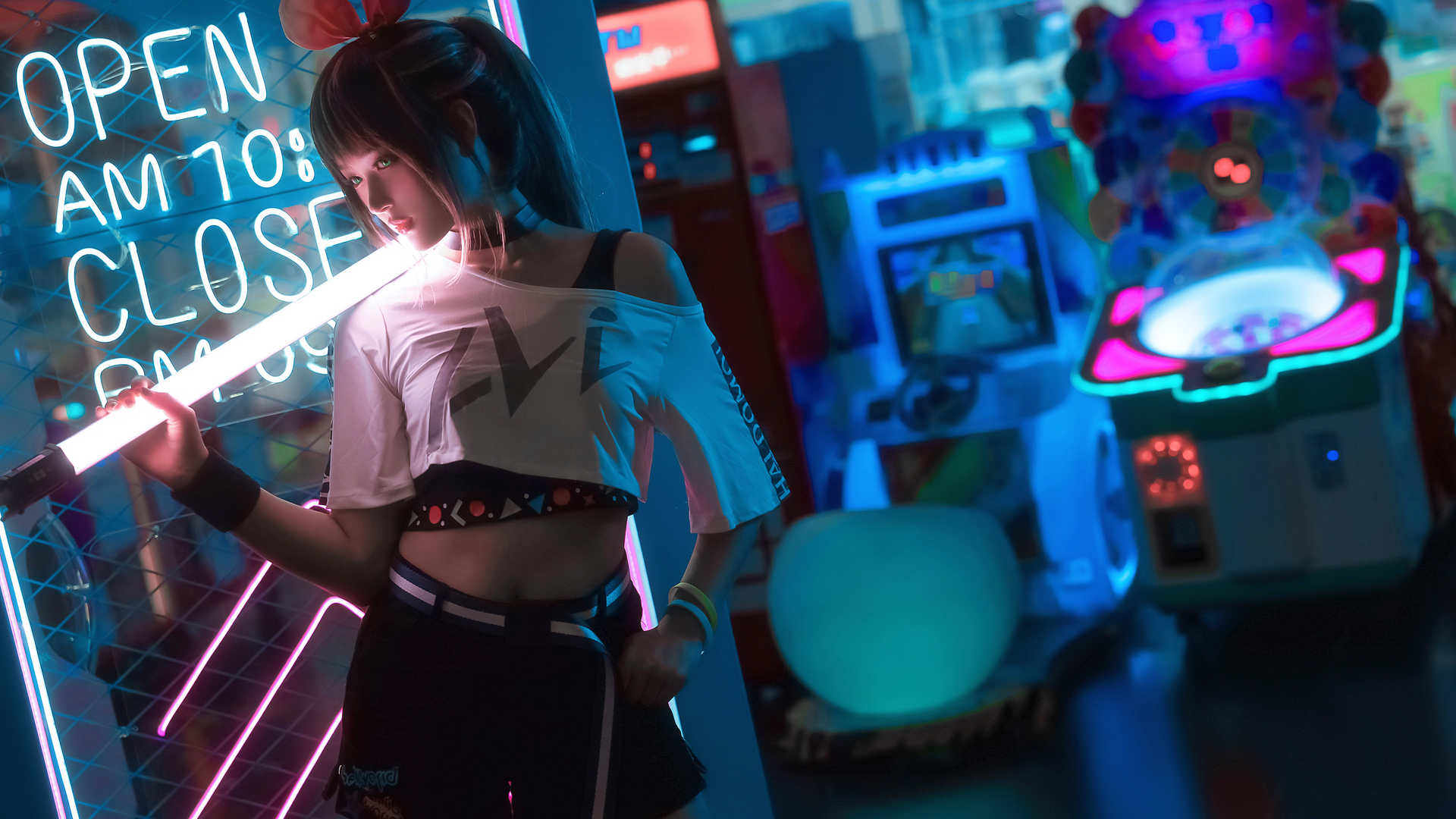 科幻少女 白色荧光棒 个性时尚可爱动漫女孩高清壁纸