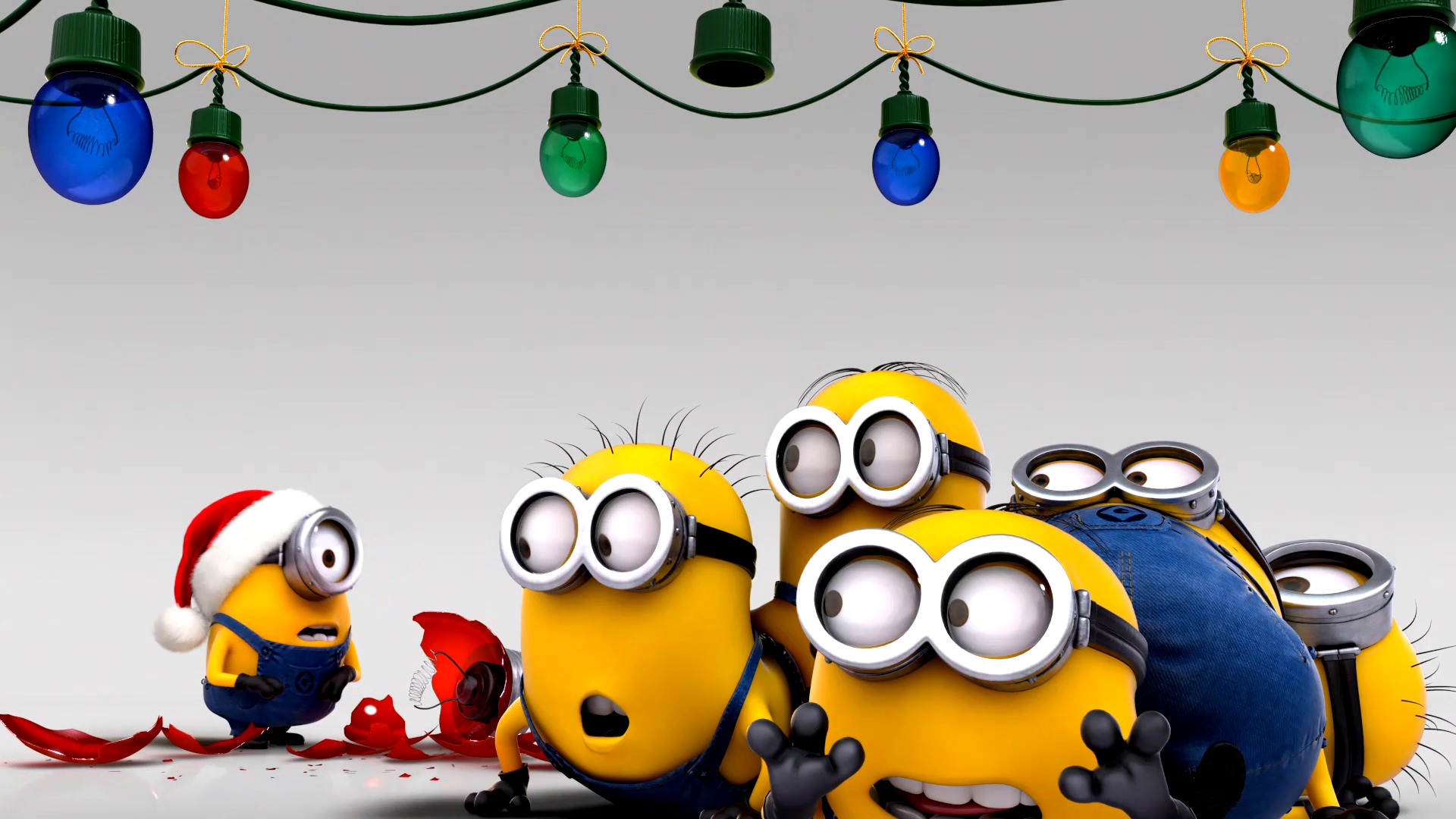 可爱小黄人，圣诞帽，彩灯，小黄人之圣诞节高清壁纸