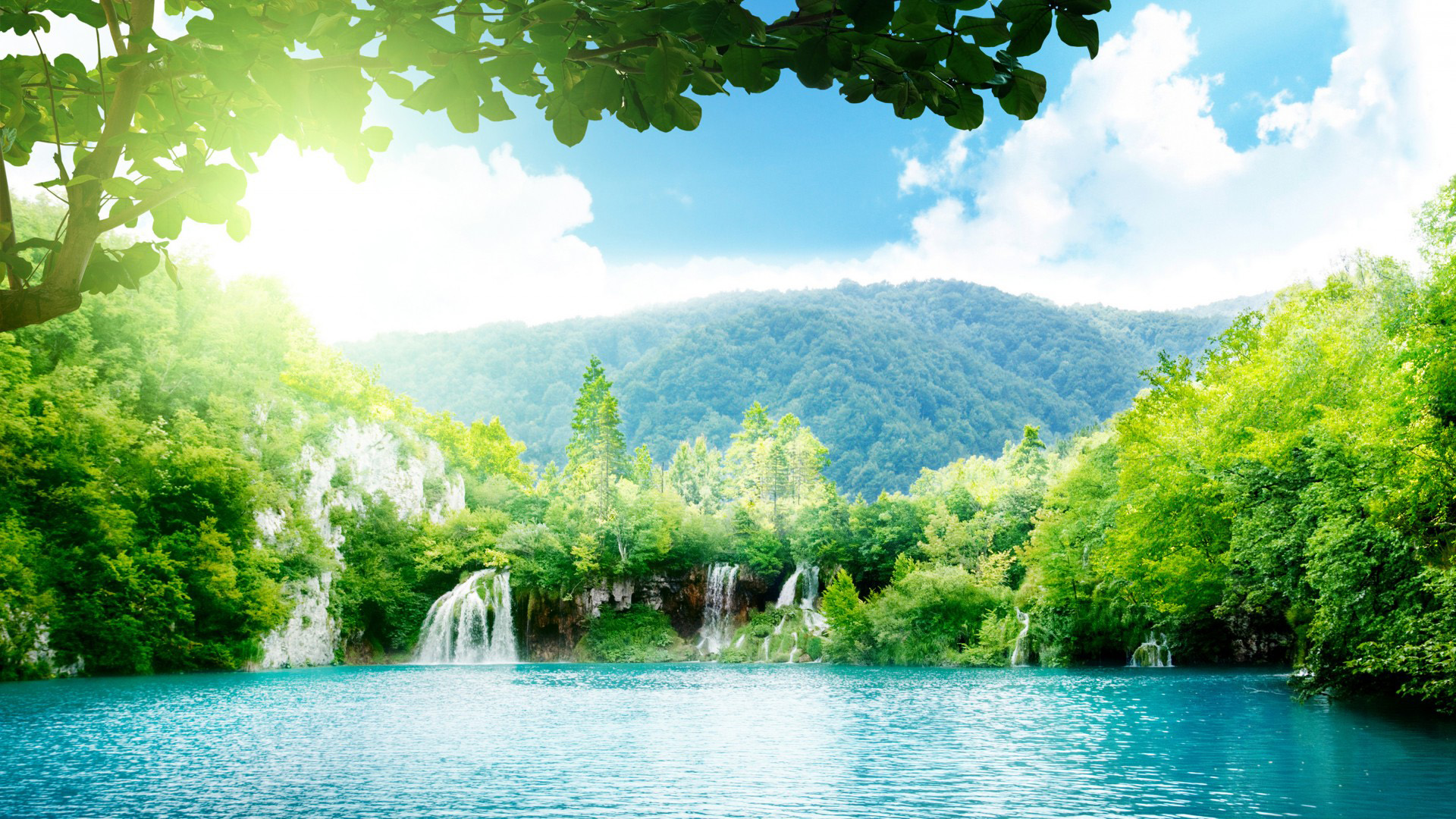 森林,天空,瀑布,水,高山,宽屏风景桌面高清壁纸