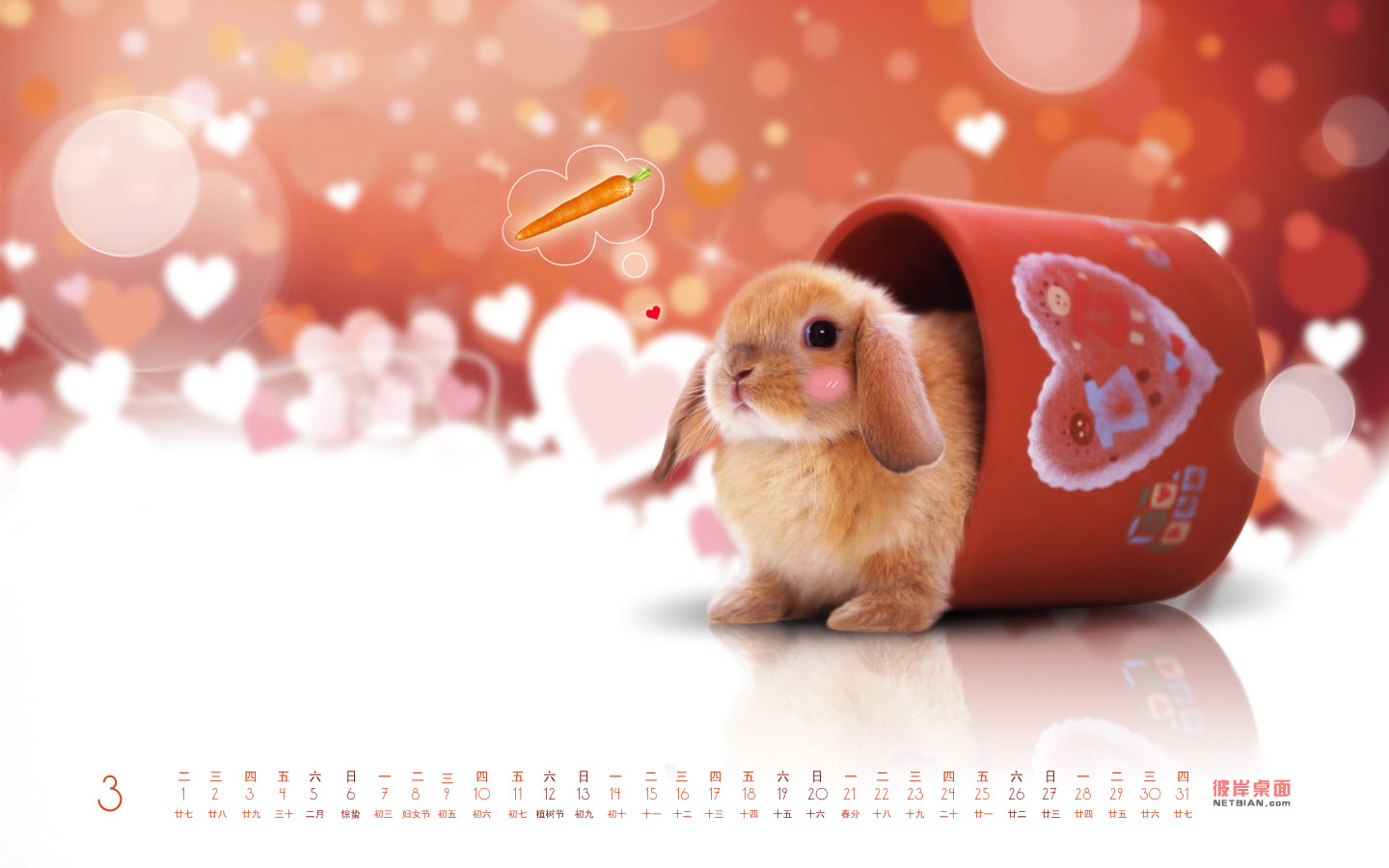粉可爱小兔兔2011年3月日历桌面高清壁纸