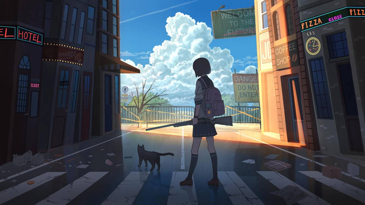城市 斑马线 猫 女孩学生书包 枪 蓝天白云 4K超清动漫电脑高清壁纸