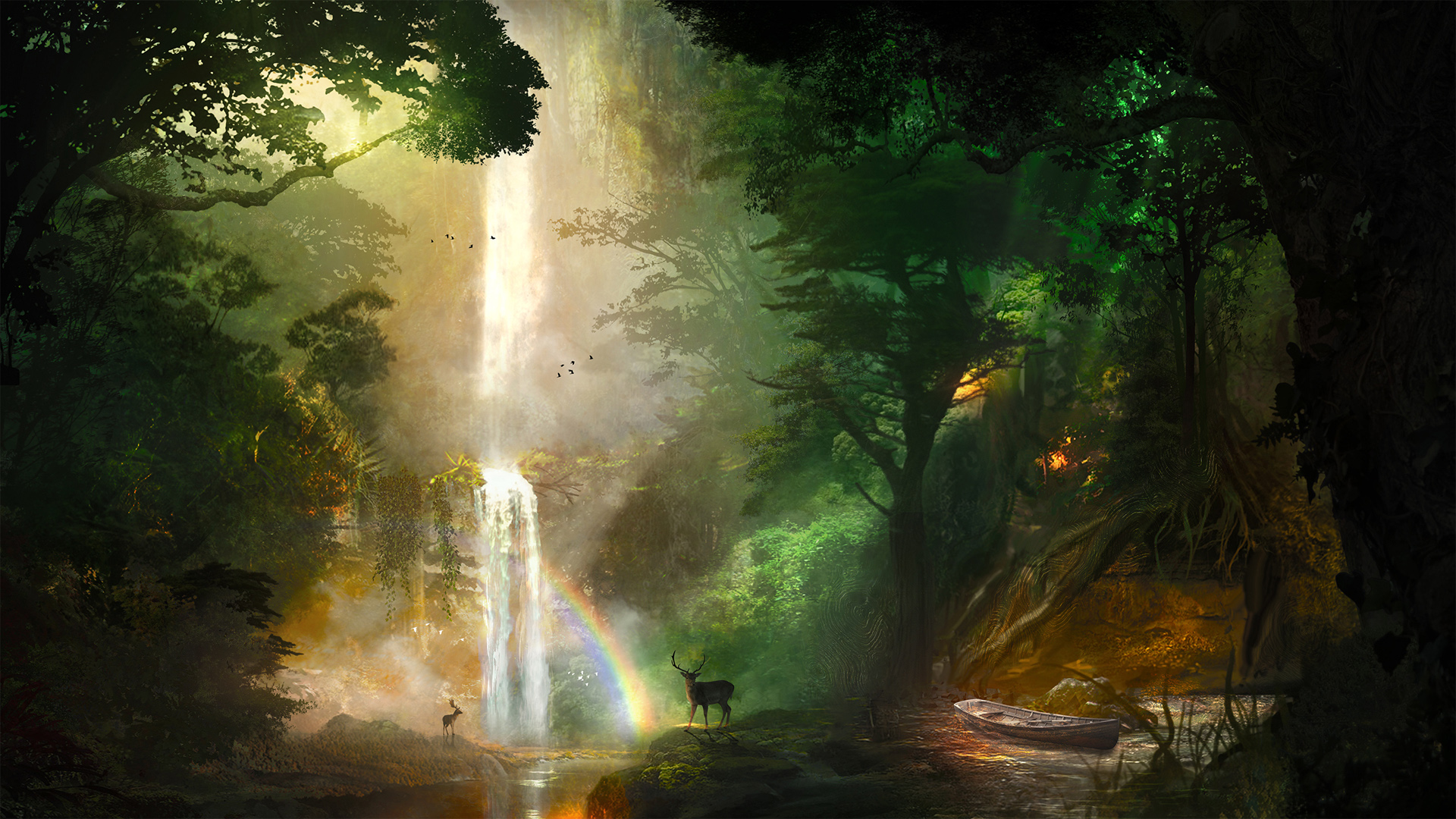 美丽的森林,瀑布,彩虹,鹿,唯美意境风景桌面高清壁纸