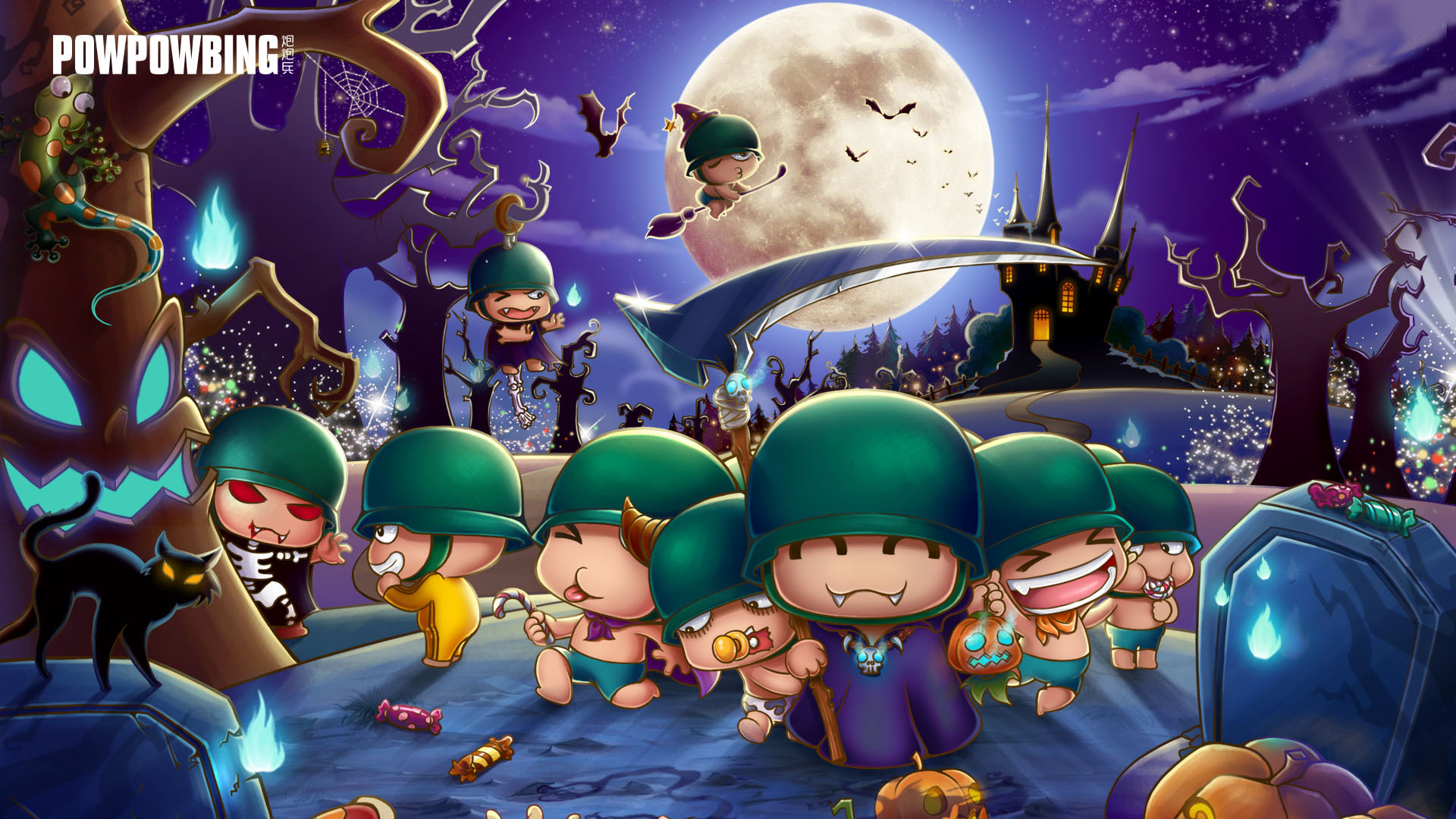 炮炮兵,万圣节,Halloween,飞扫把,月亮,蝙蝠,糖果,南瓜,恶魔,吸血鬼,死神,高清壁纸