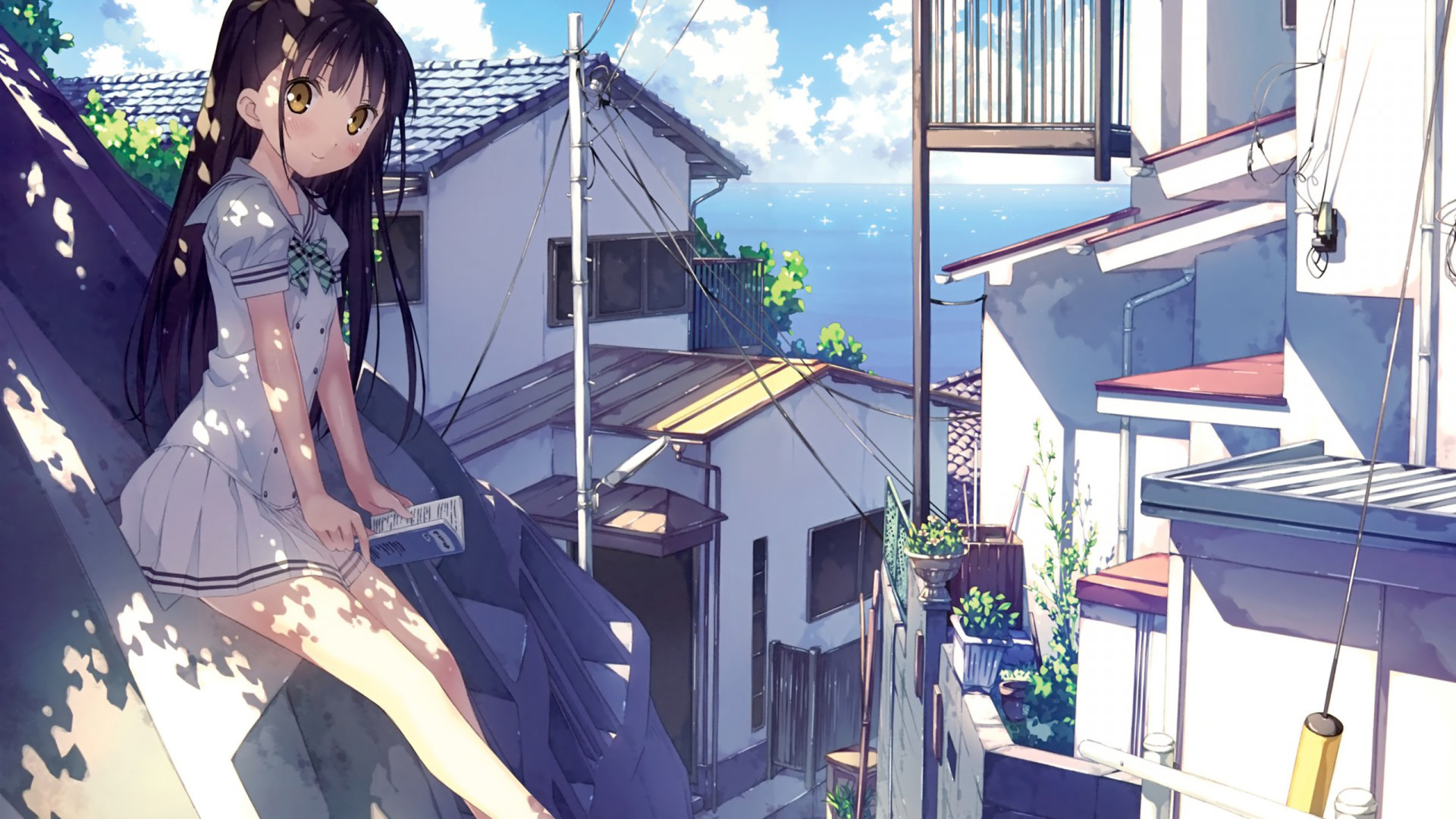女孩，海边城市，书，房子，树，大海，天空，可爱动漫美少女高清壁纸
