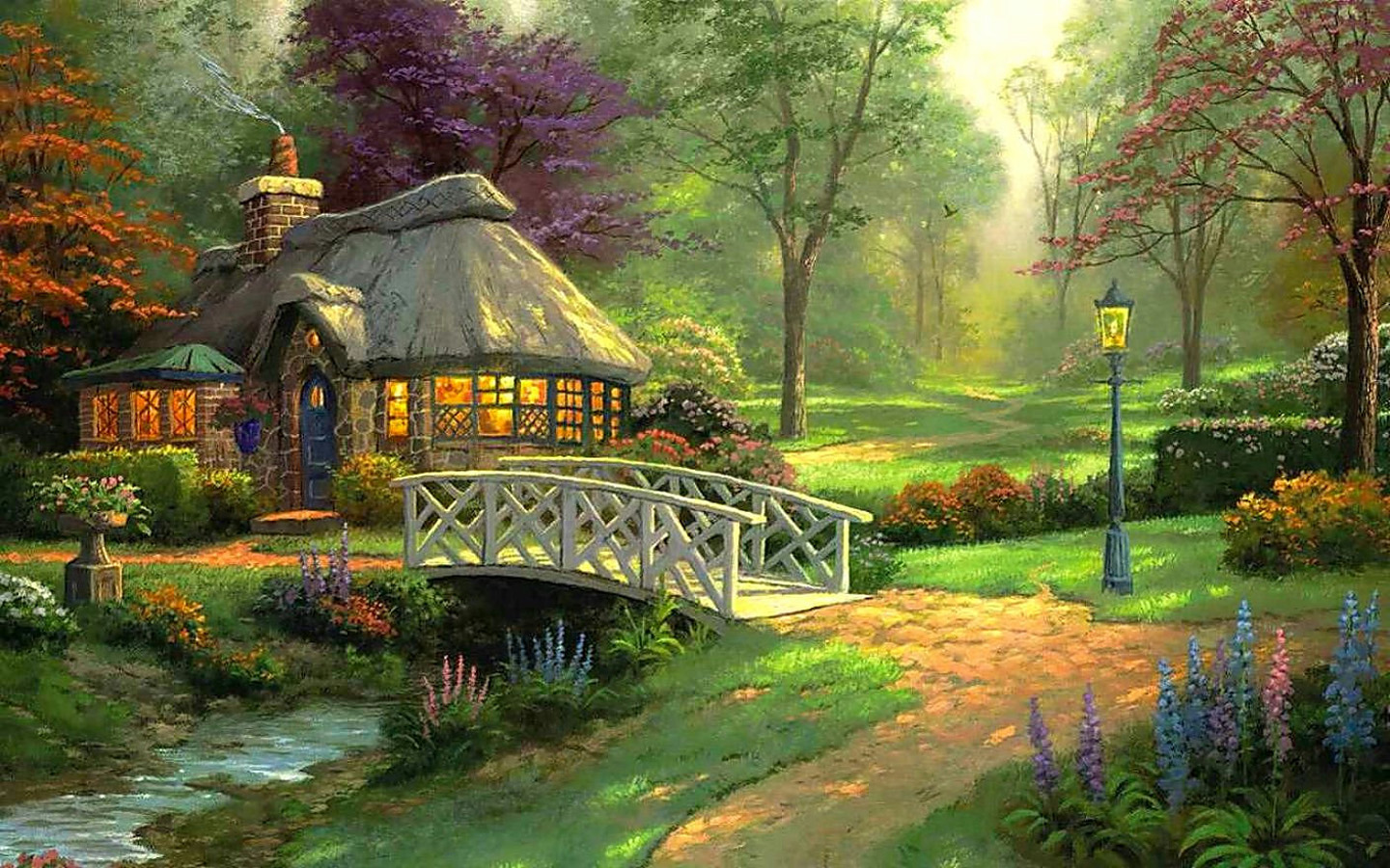 托马斯金凯德Thomas Kinkade,林间小屋,风景桌面高清壁纸