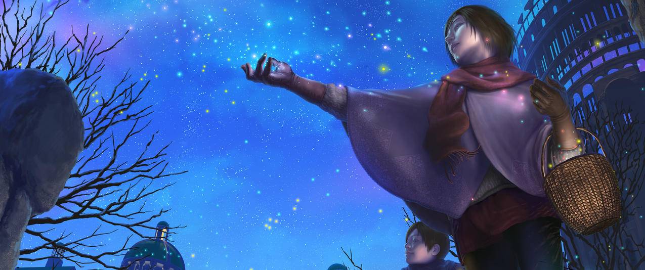 摘星星的女生唯美星空带鱼屏高清壁纸