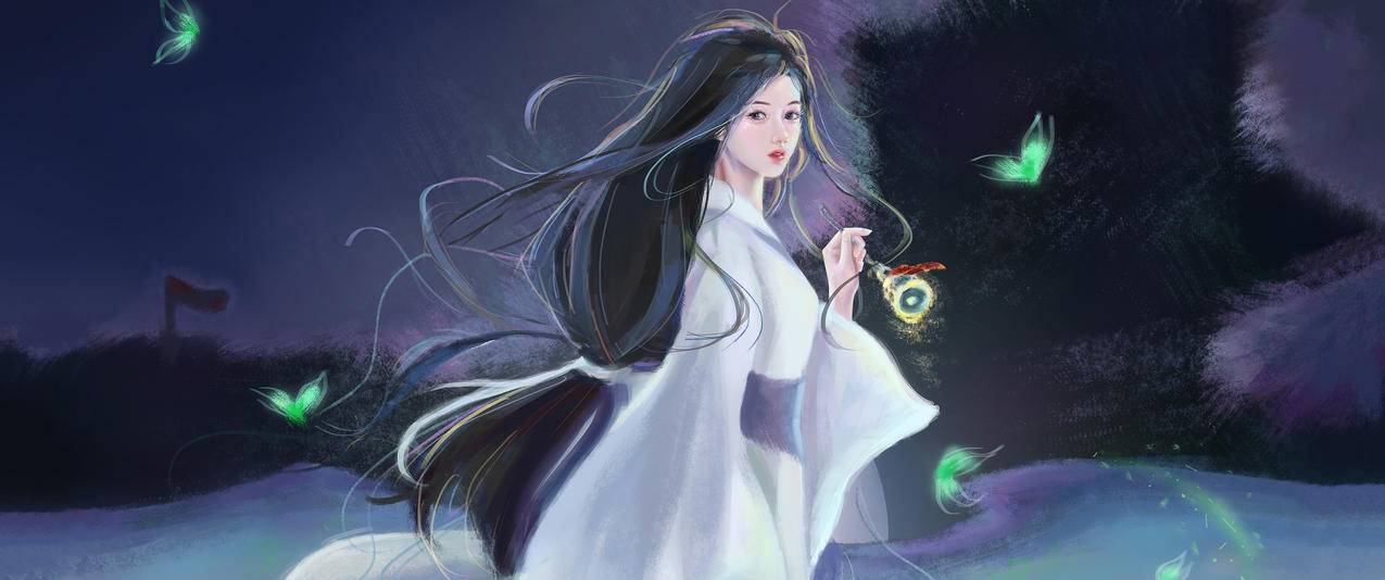 巴图BaTu 原创 古风 白裙女孩 夜晚雪地 城楼 铃铛 绿蝶 5K超清高清壁纸