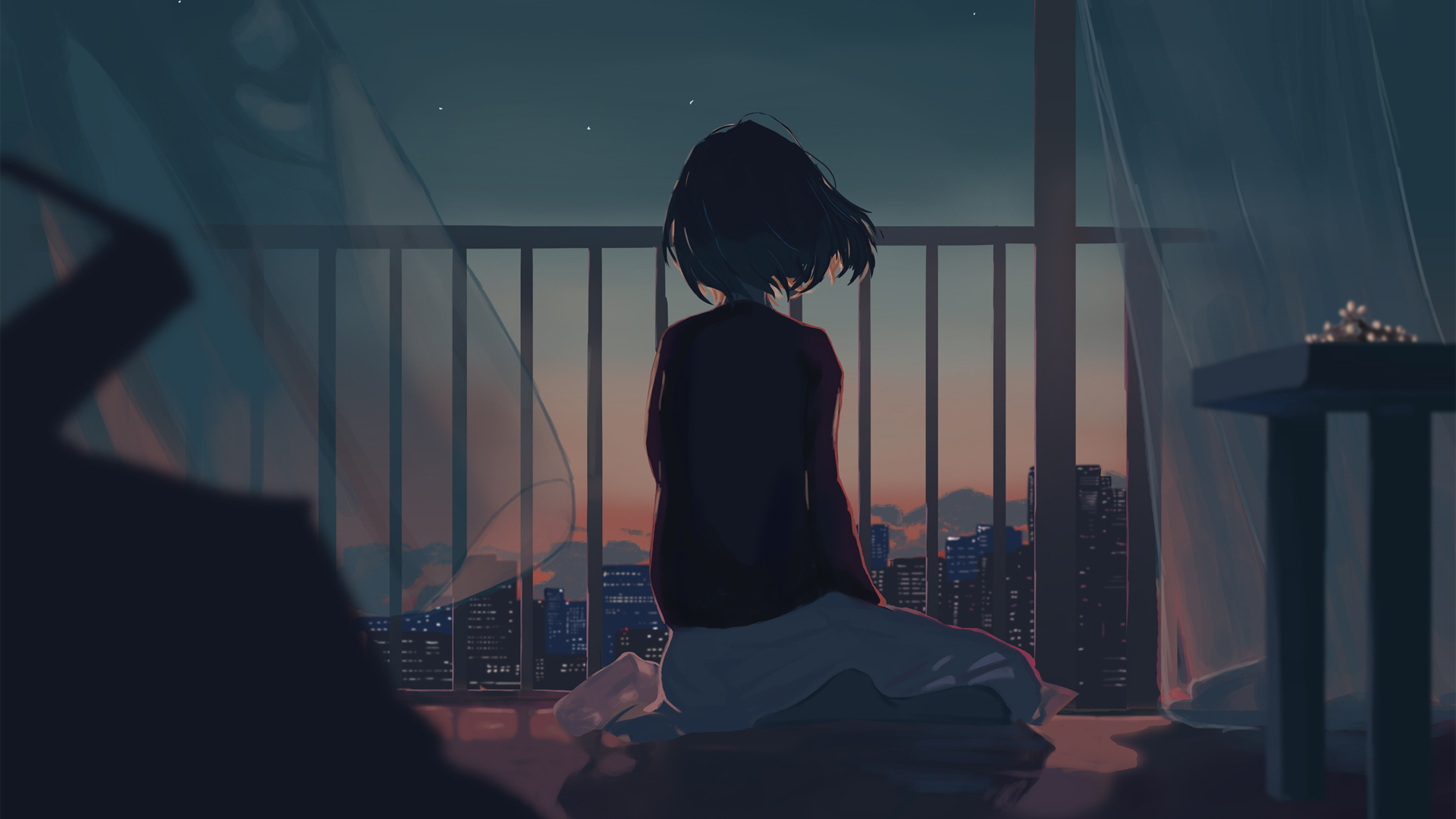 女孩 城市 夜晚风景 动漫高清壁纸
