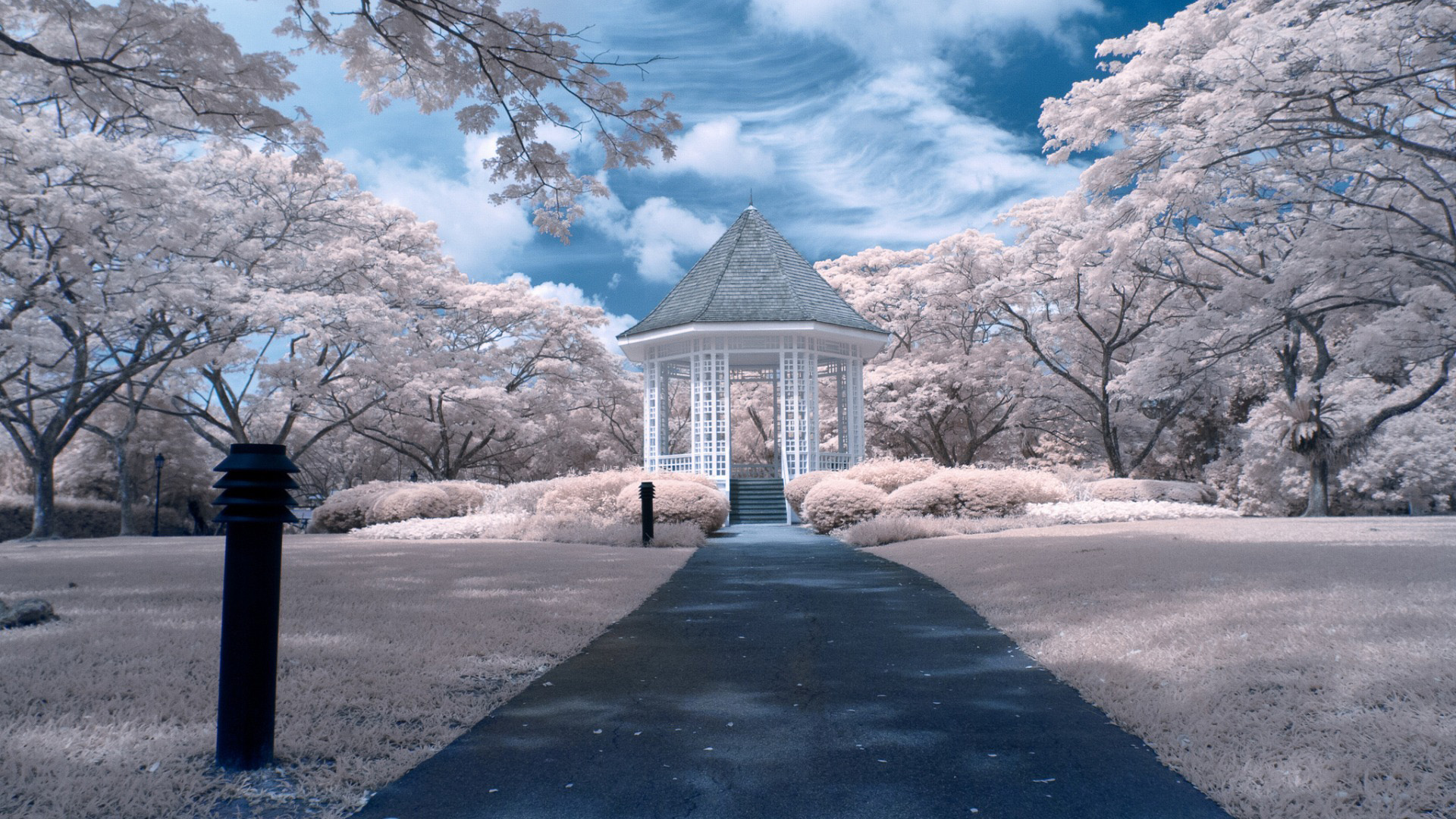 公园,道路,亭子,花园,白色风景桌面高清壁纸