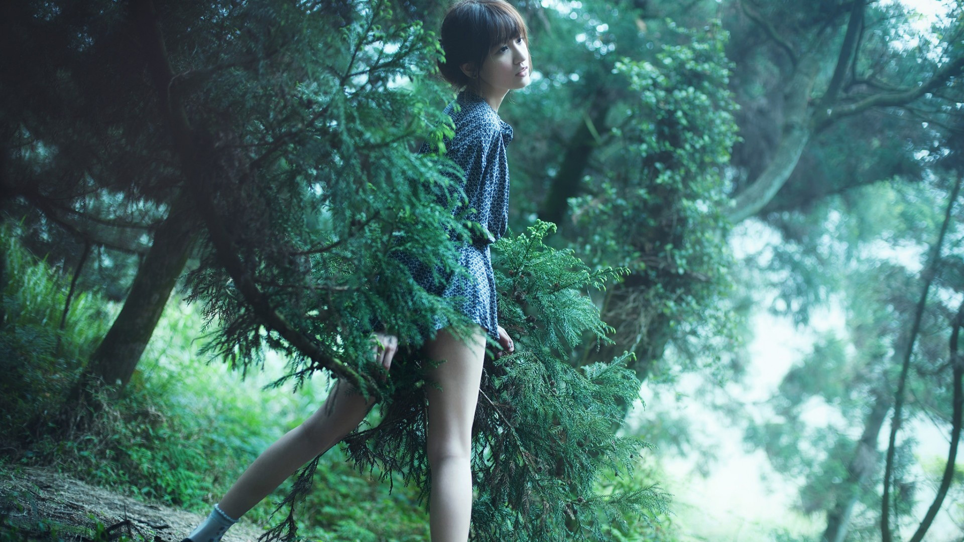 女孩，美女，心情，绿色，森林，自然写真，桌面高清壁纸