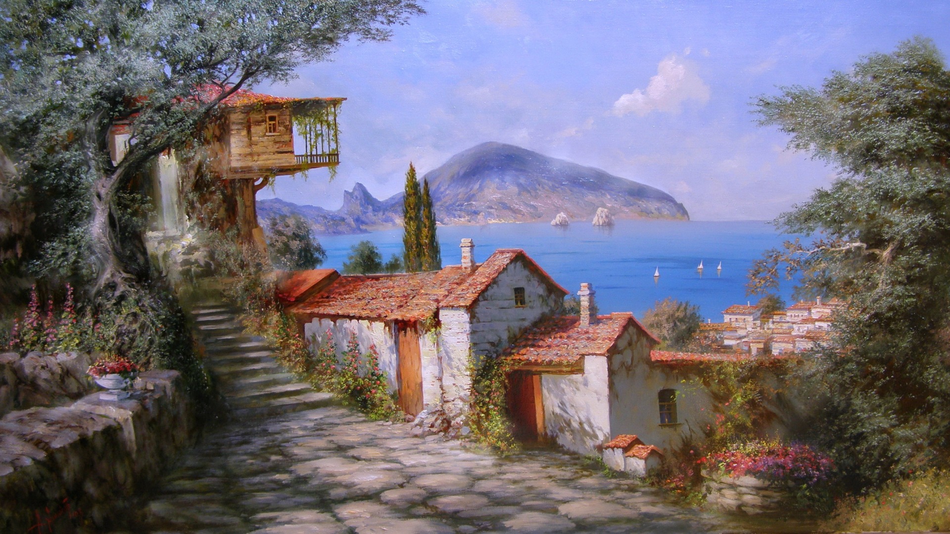 海边小镇 地中海油画 油画，亚历山大·米留可夫作品，风景画桌面高清壁纸