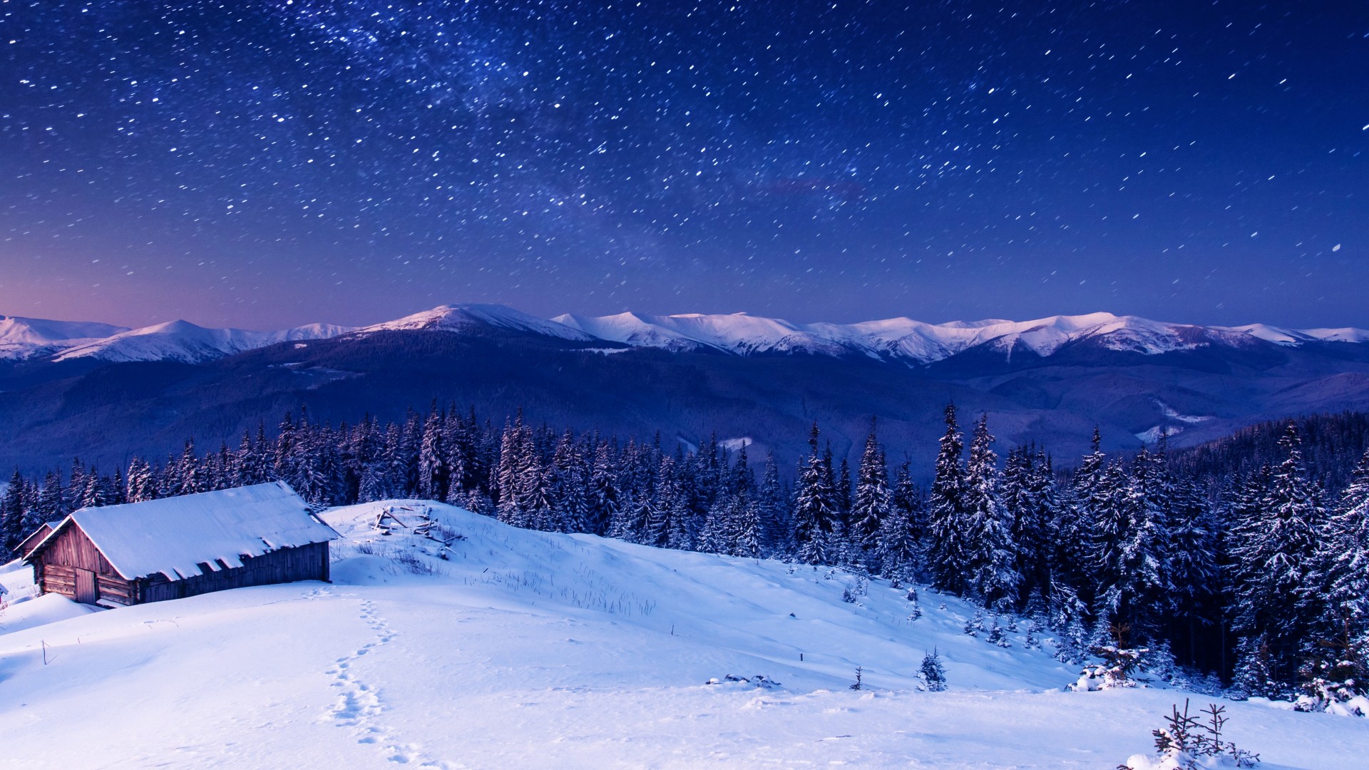 房子,山,树林,飘雪,夜晚,星星,高清壁纸