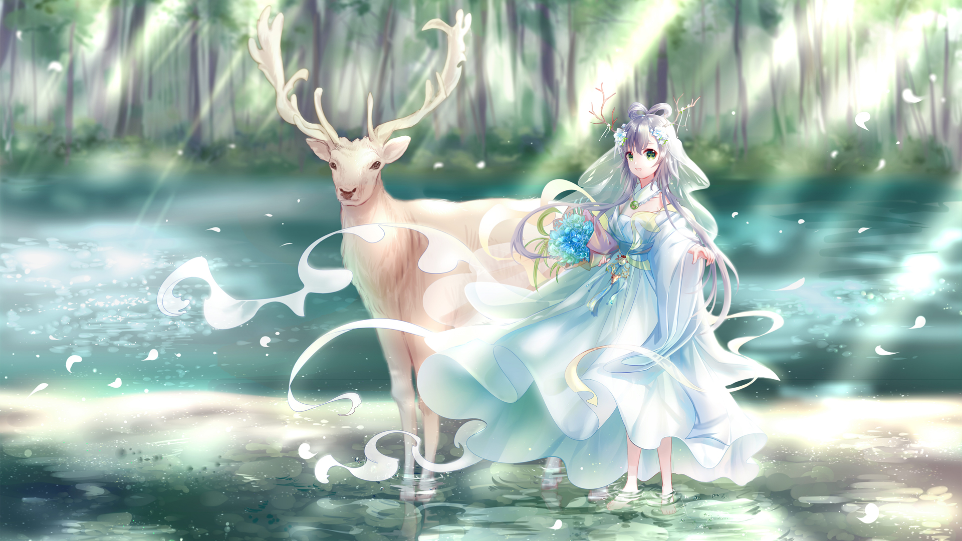 洛天依 森林 水上鹿 绿天依 作者：Yaduo铮粽子 动漫高清壁纸