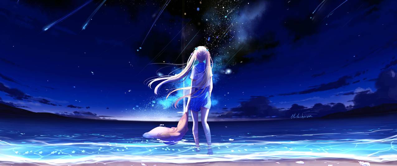 晚上蓝色天空流星女孩唯美带鱼屏高清壁纸