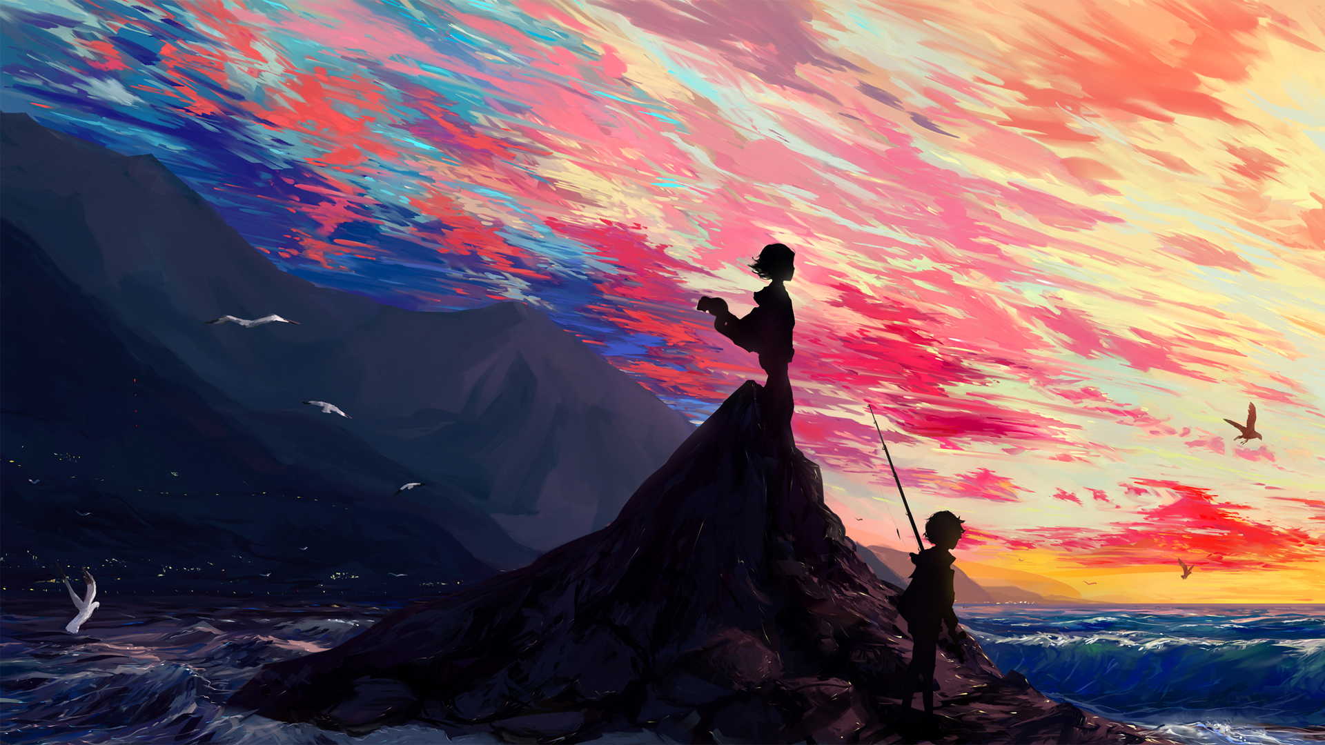 女孩男孩 海边风景 时光飞逝动漫高清壁纸