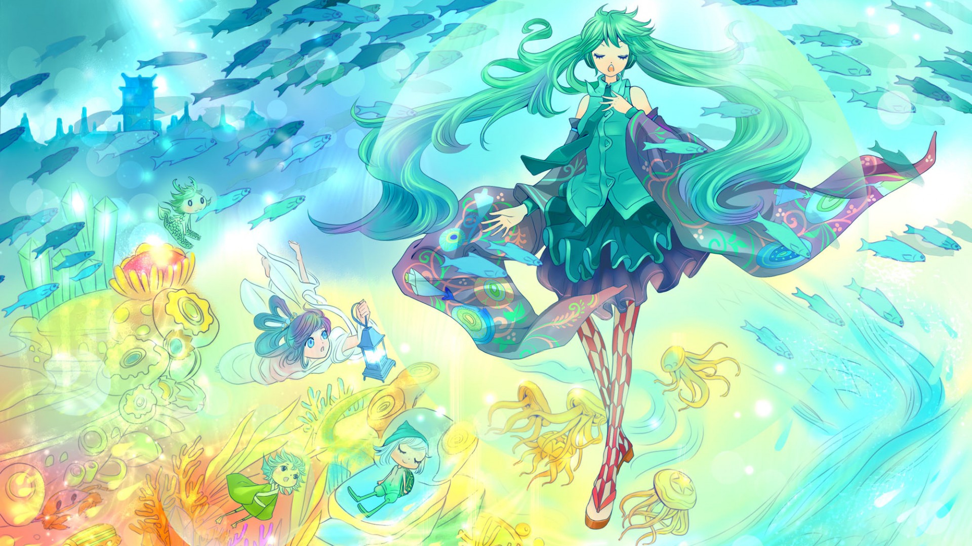 VOCALOID，初音未来，女孩，小孩，鱼，可爱动漫桌面高清壁纸