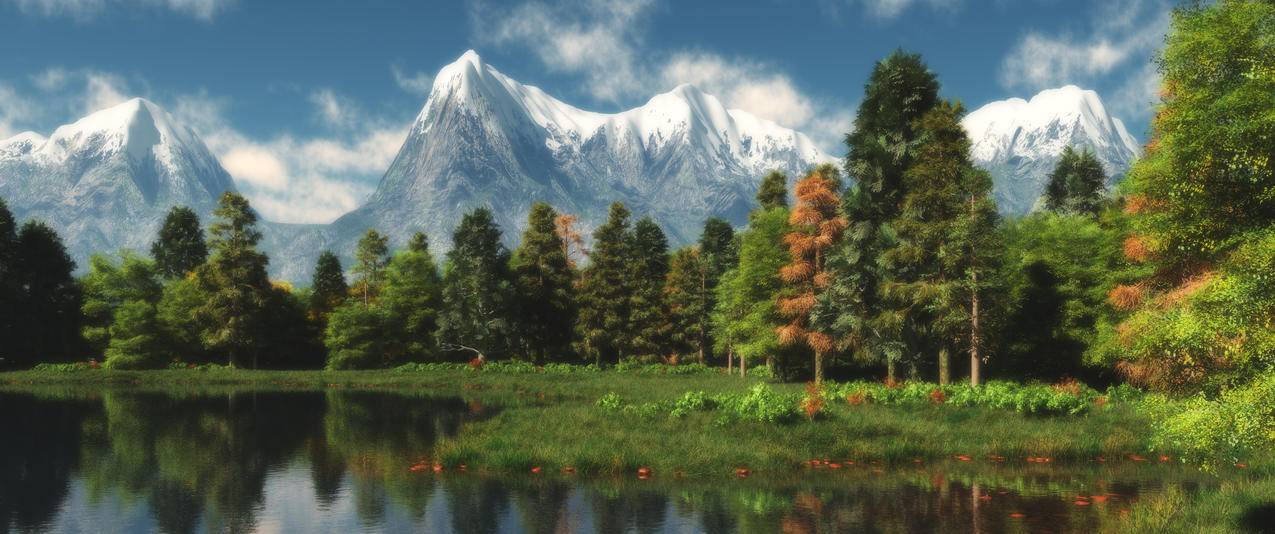 雪山树林湖泊山边风景带鱼屏高清壁纸
