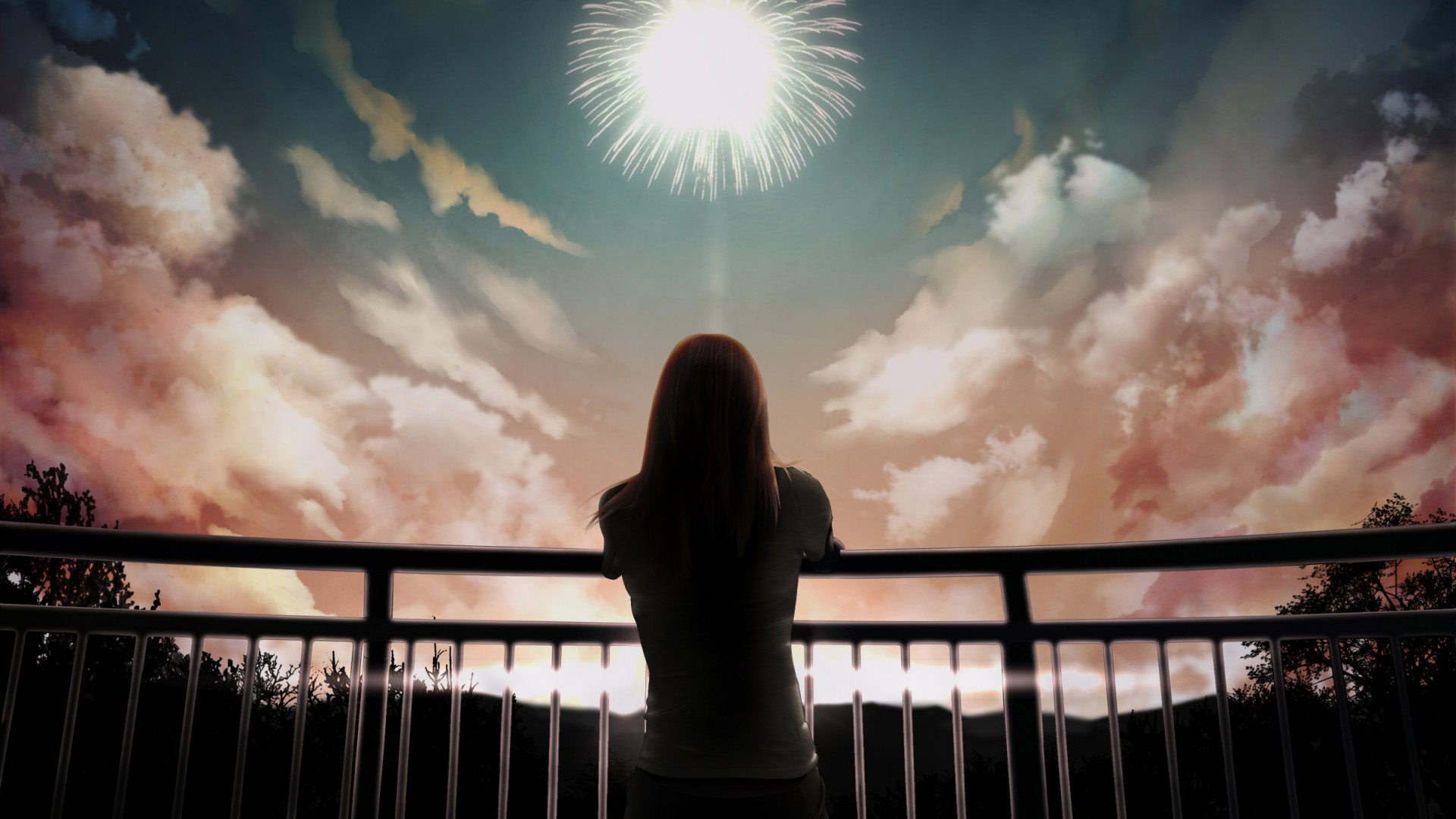女孩回来了，烟花，天空，心情桌面高清壁纸
