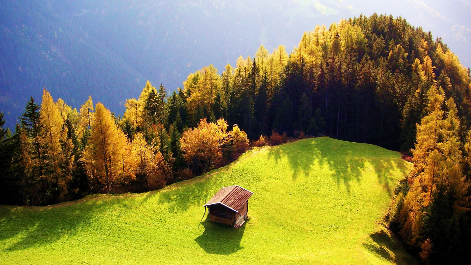 高山美景小屋草坪树林风景桌面高清壁纸