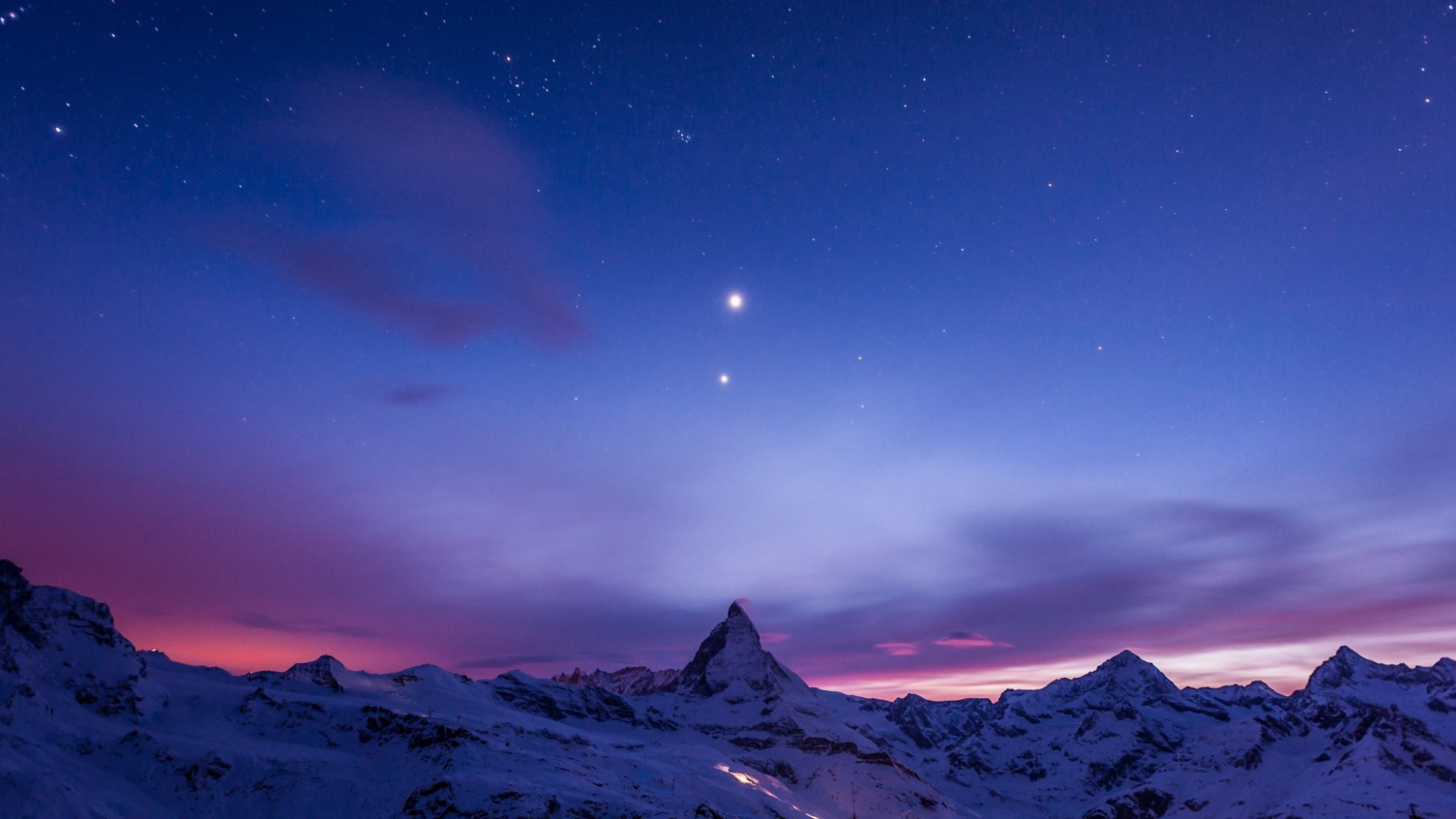 马特宏峰，山，雪，夜间，黄昏天空的图片，自然风景高清壁纸