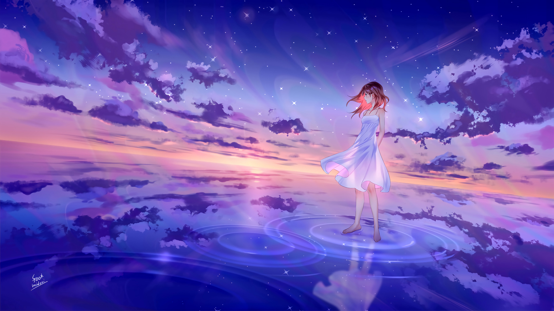 星空 海水 美少女 白色裙子动漫高清壁纸