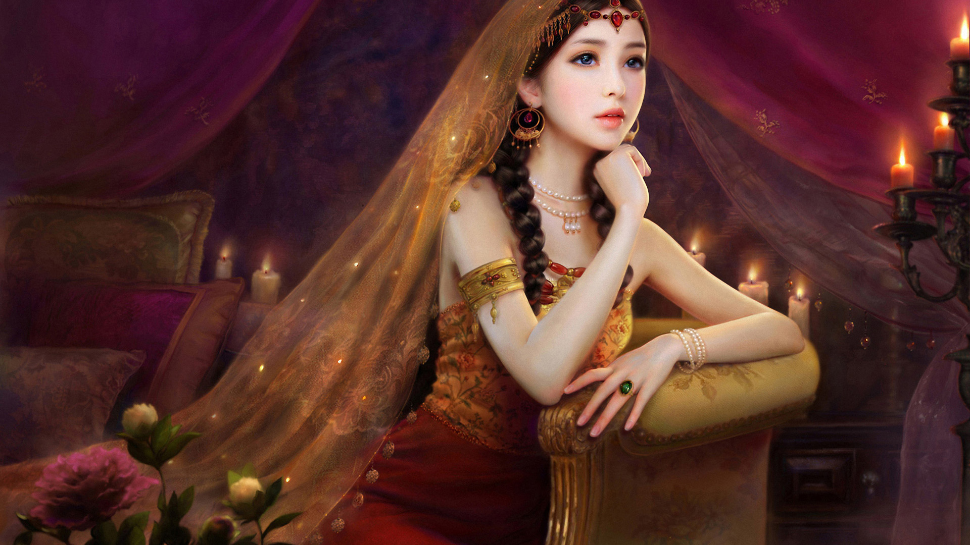 女孩,美女,蜡烛,鲜花,宽屏桌面高清壁纸