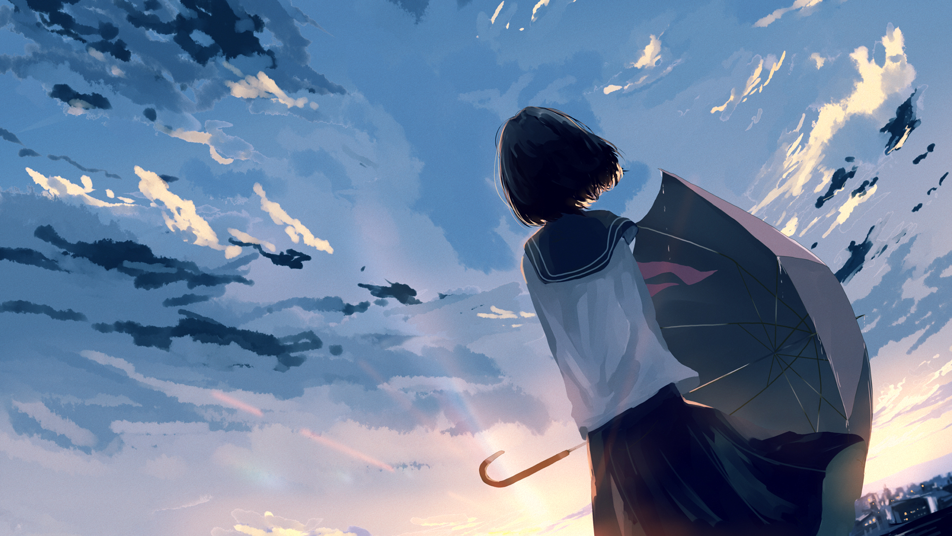 天空,云,,女学生,校服,伞,动漫高清壁纸