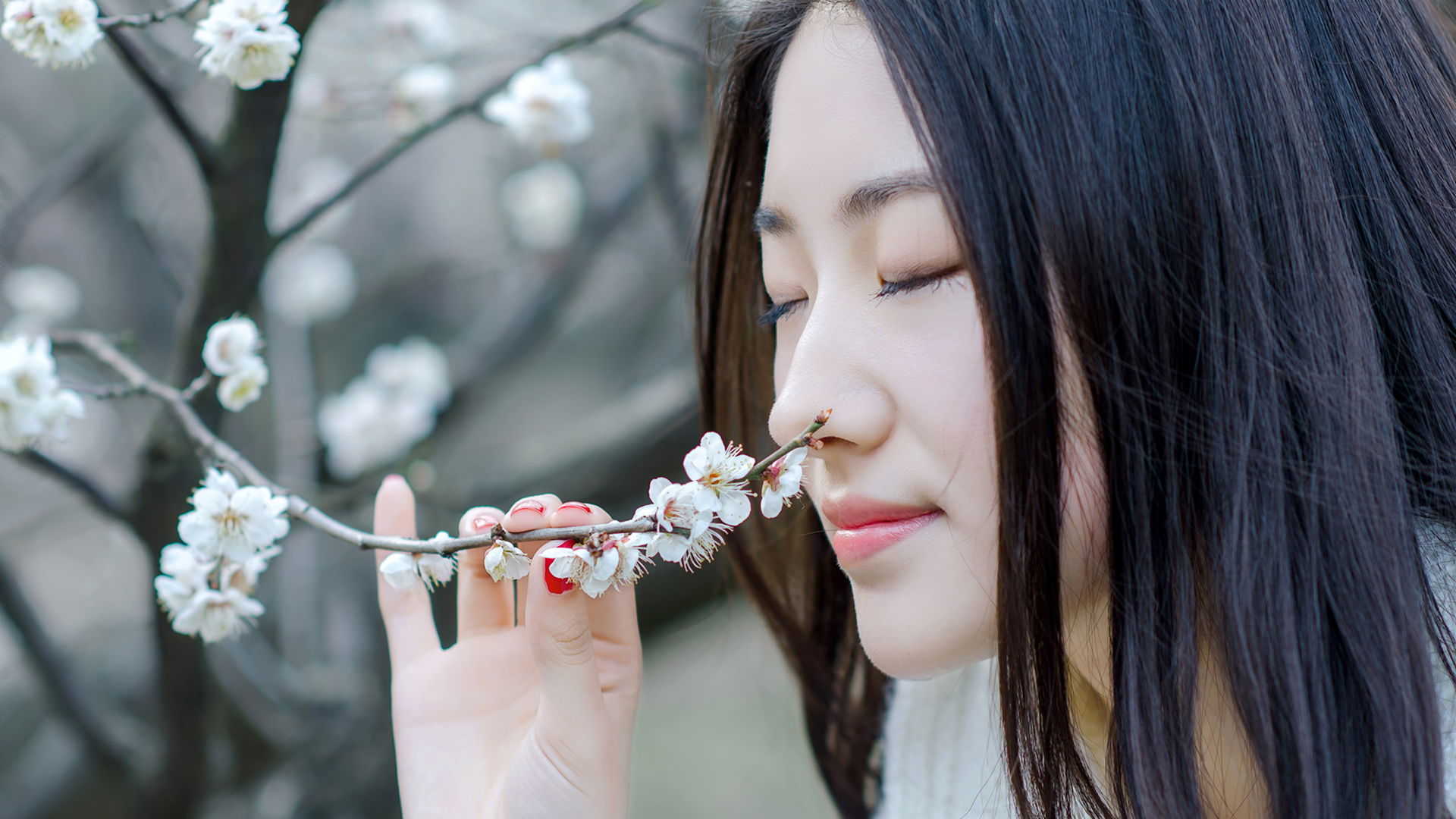 清纯美女闭眼梅花香气花不醉人人自醉桌面高清壁纸