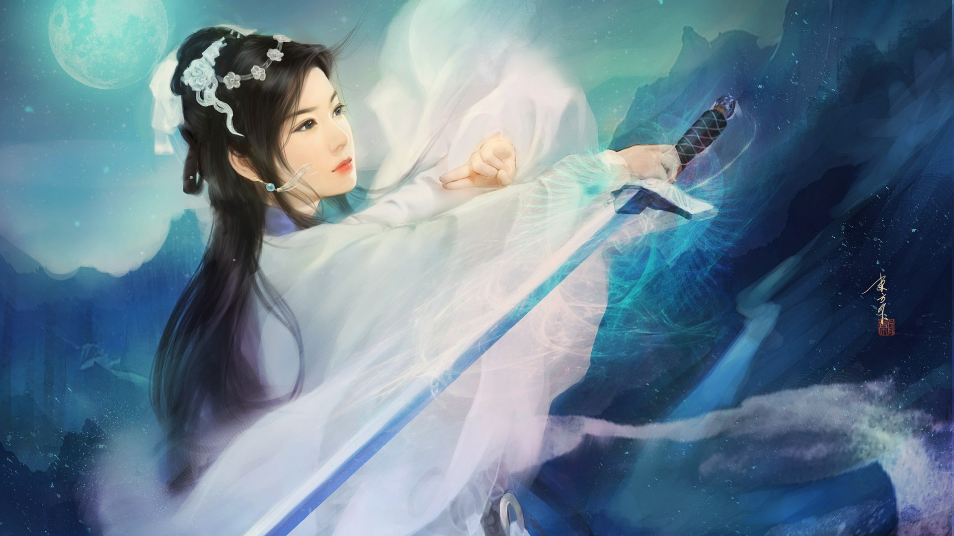 剑，女孩，古装，美女，长发，白色衣服，武术，唯美，好看高清壁纸
