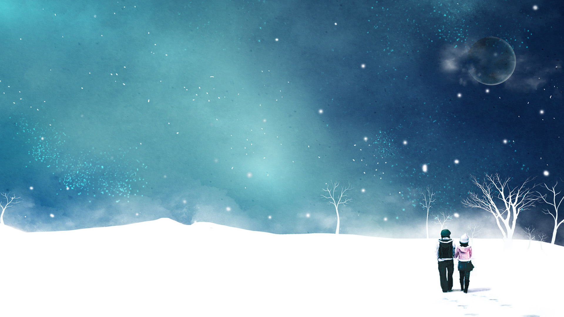 雪夜,你我手牵手一起走高清壁纸