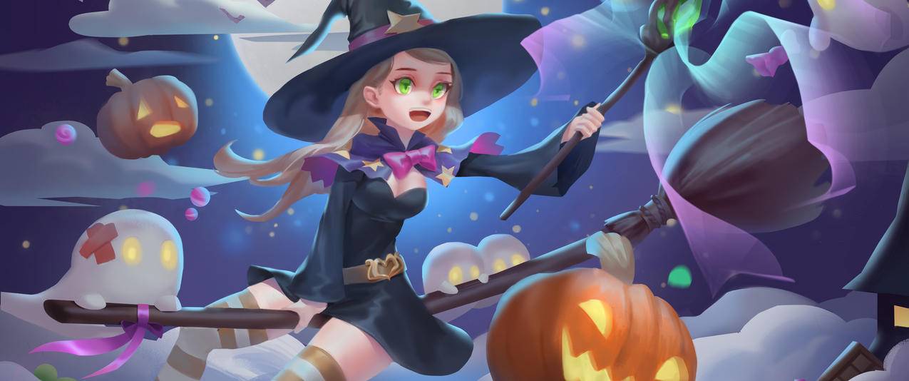 万圣节小魔女带鱼屏高清壁纸
