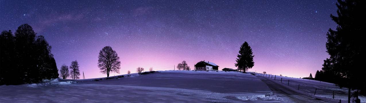 星空 夜色下的瑞士汝拉山5120x1440双屏风景高清壁纸5K