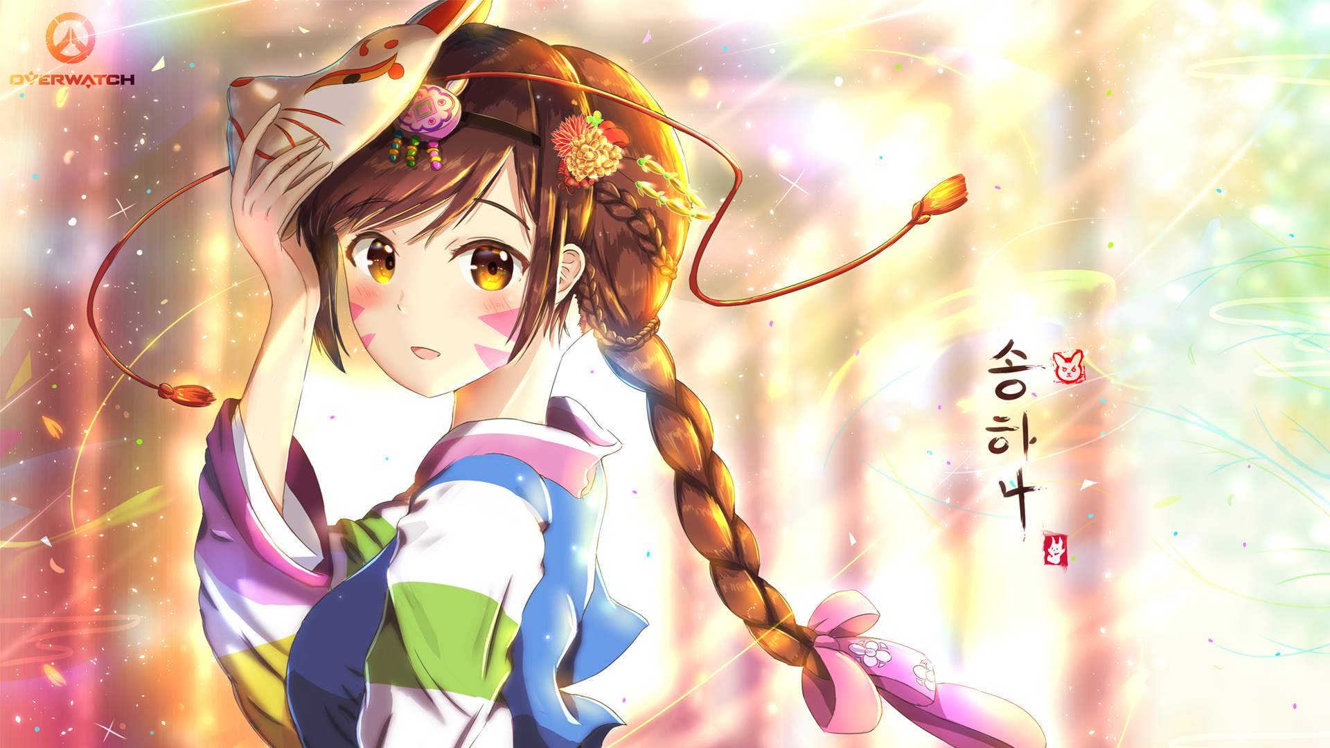 dva狐狸面具,头发,花,美少女,dva高清壁纸
