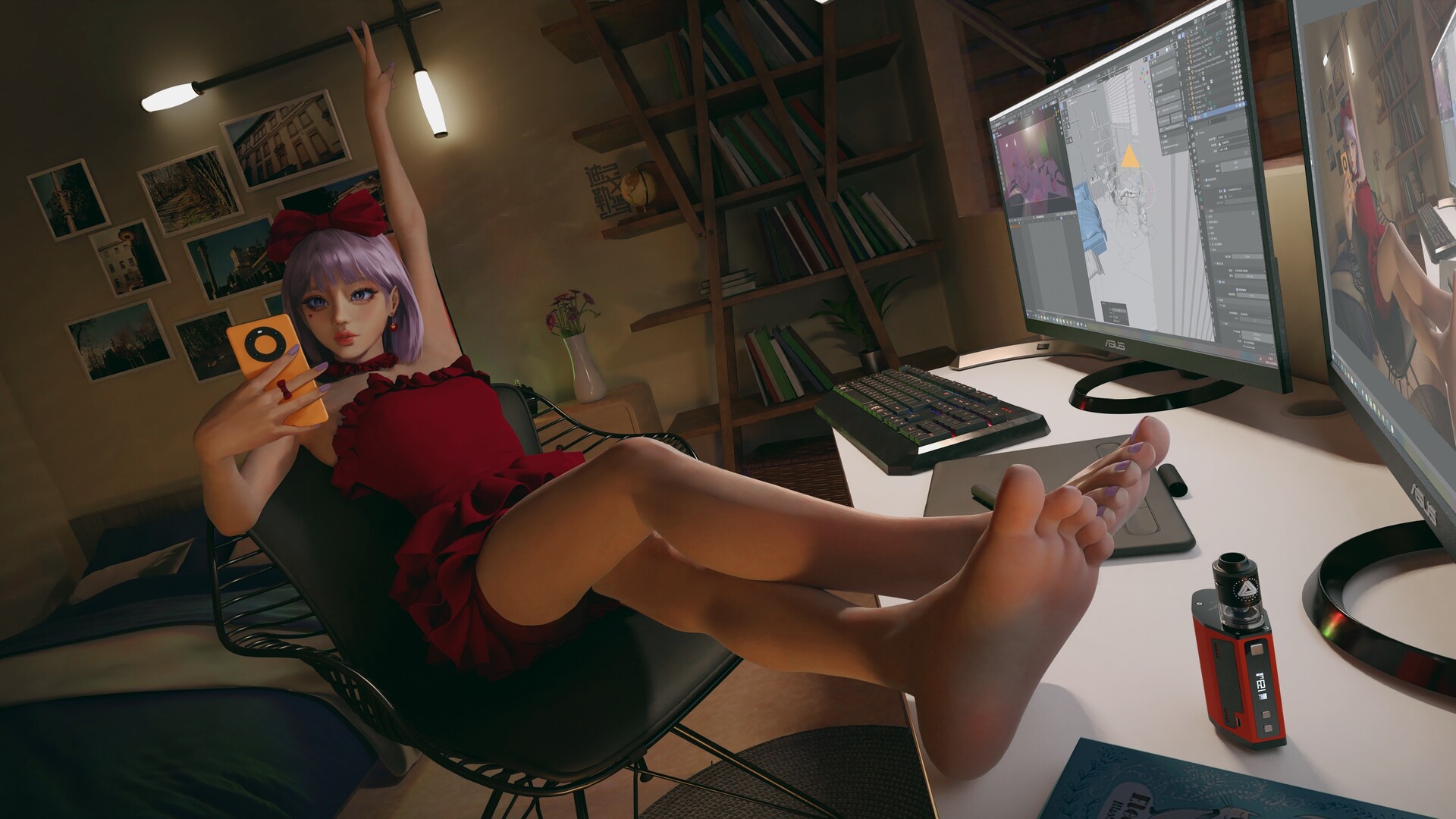 房间 电脑桌 紫色波波头美女 蝴蝶结 红色裙子 华为手机自拍 动漫高清壁纸